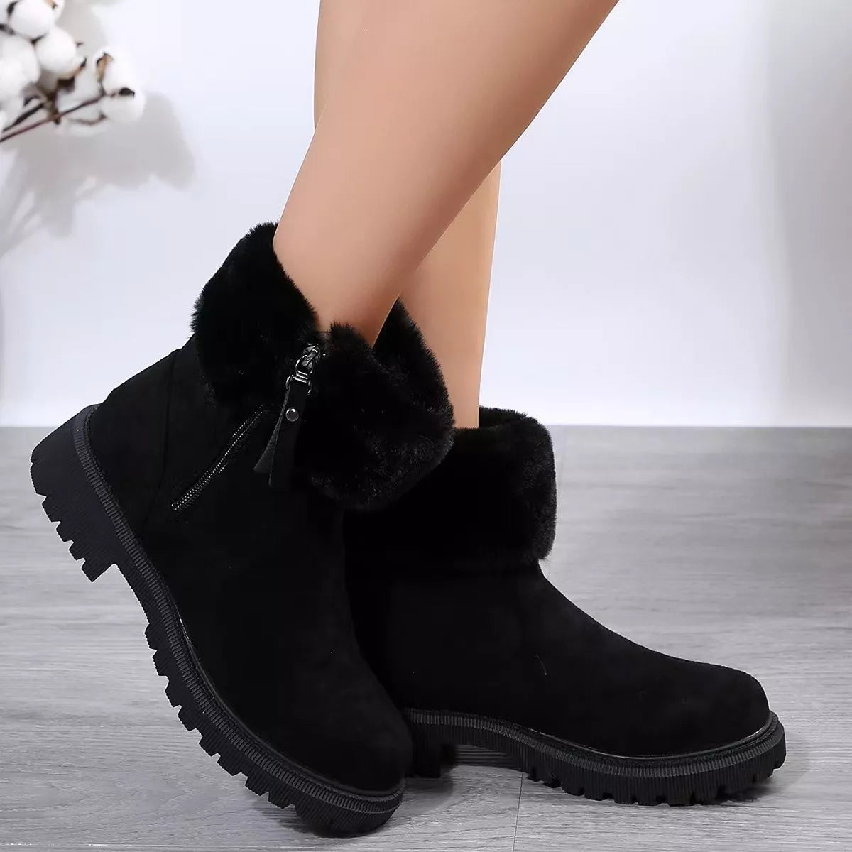 Side Zipper Fuzzy Boots - Godess beauty 