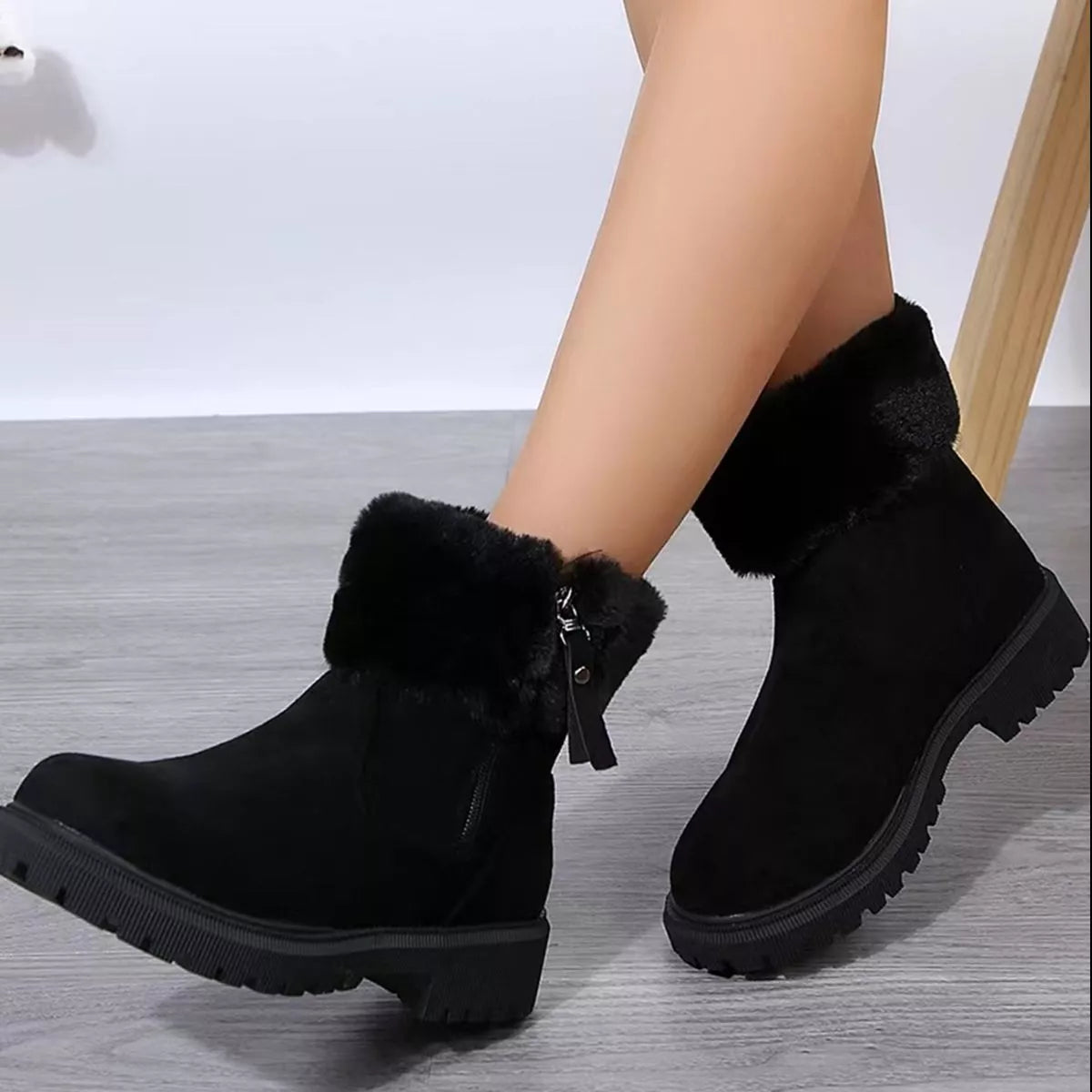 Side Zipper Fuzzy Boots - Godess beauty 