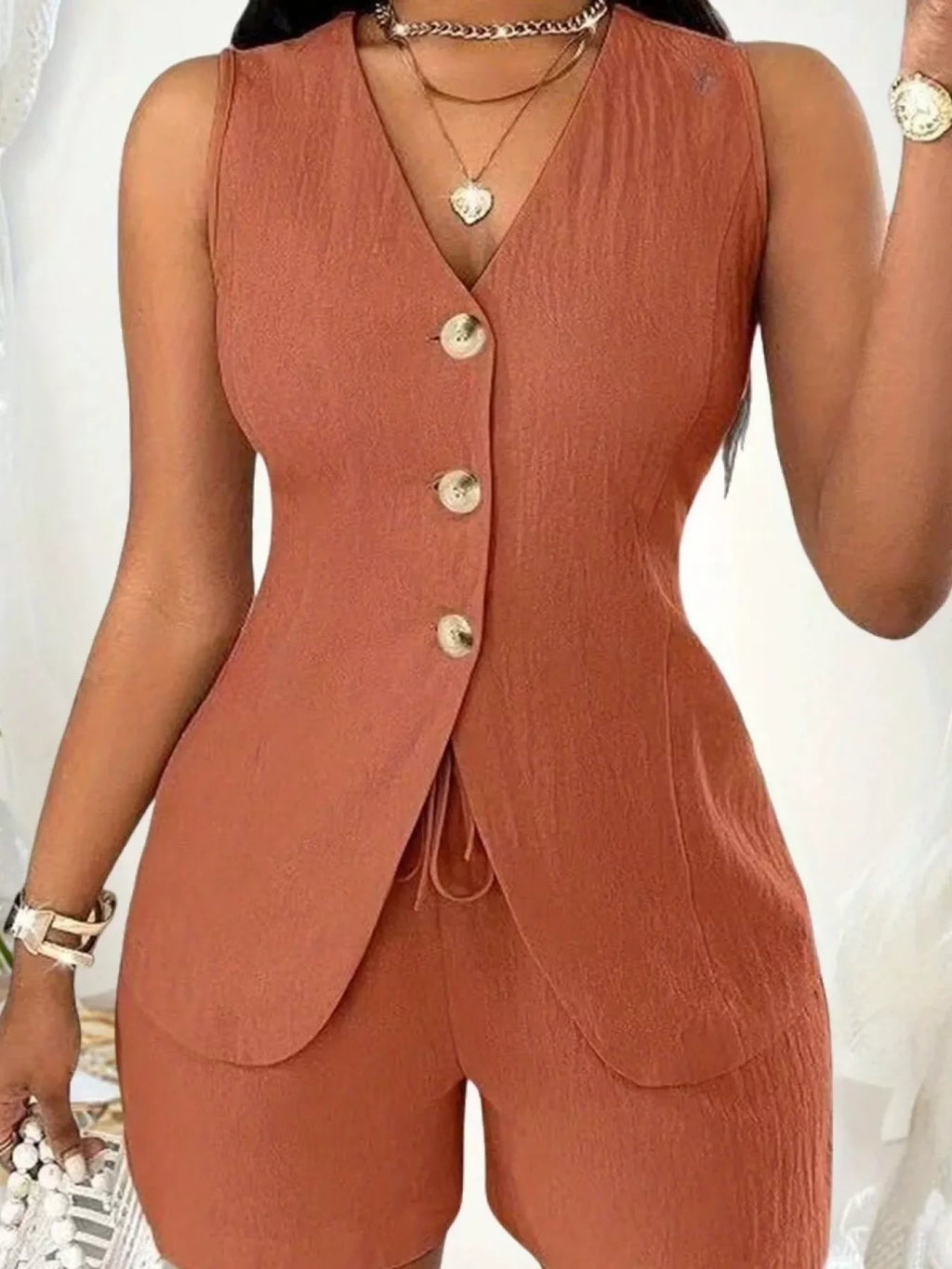 Sleeveless Button-Down Vest & Shorts Set - Godess beauty 