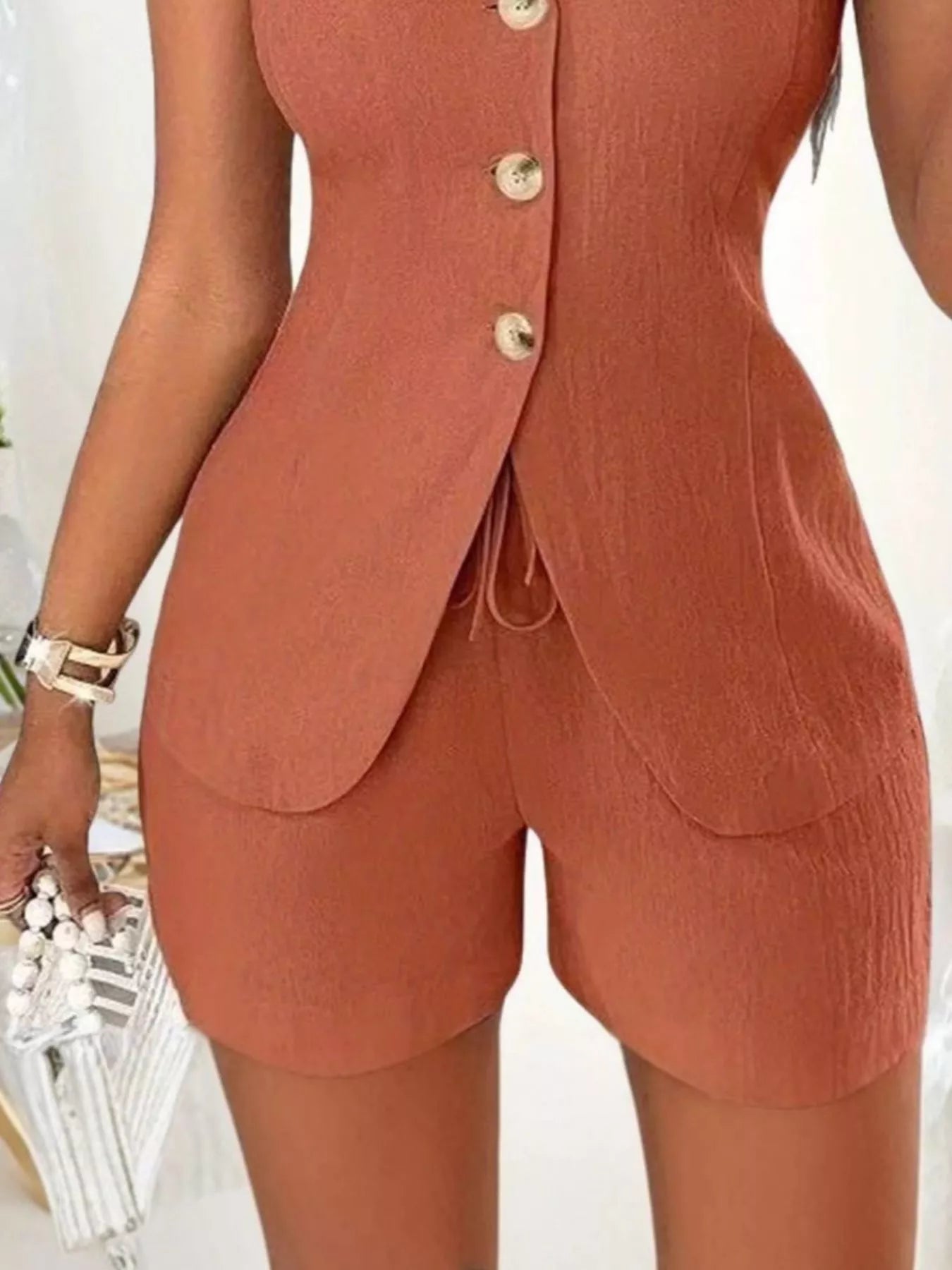 Sleeveless Button-Down Vest & Shorts Set - Godess beauty 