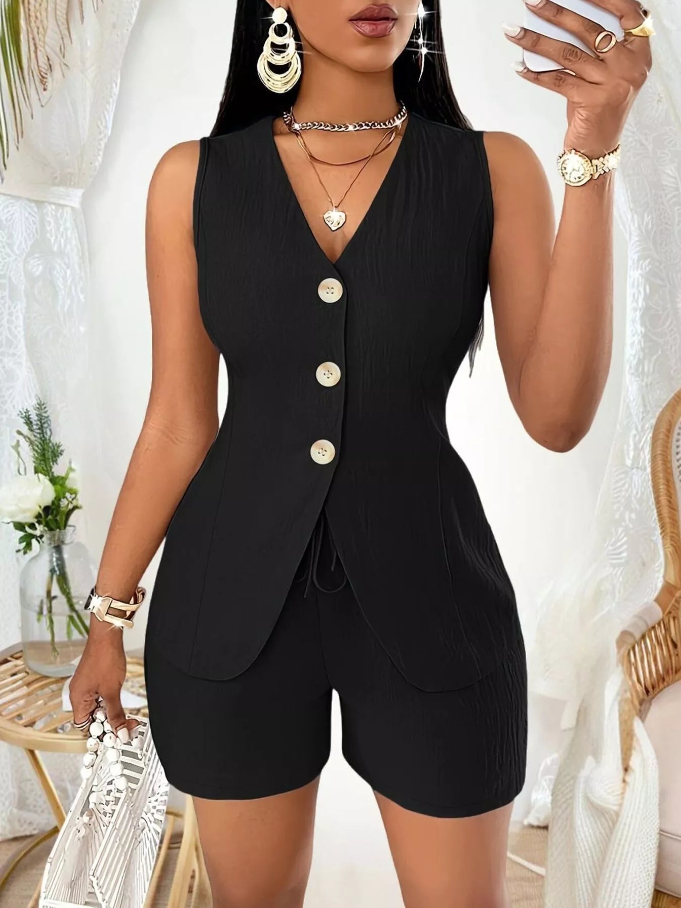 Sleeveless Button-Down Vest & Shorts Set - Godess beauty 