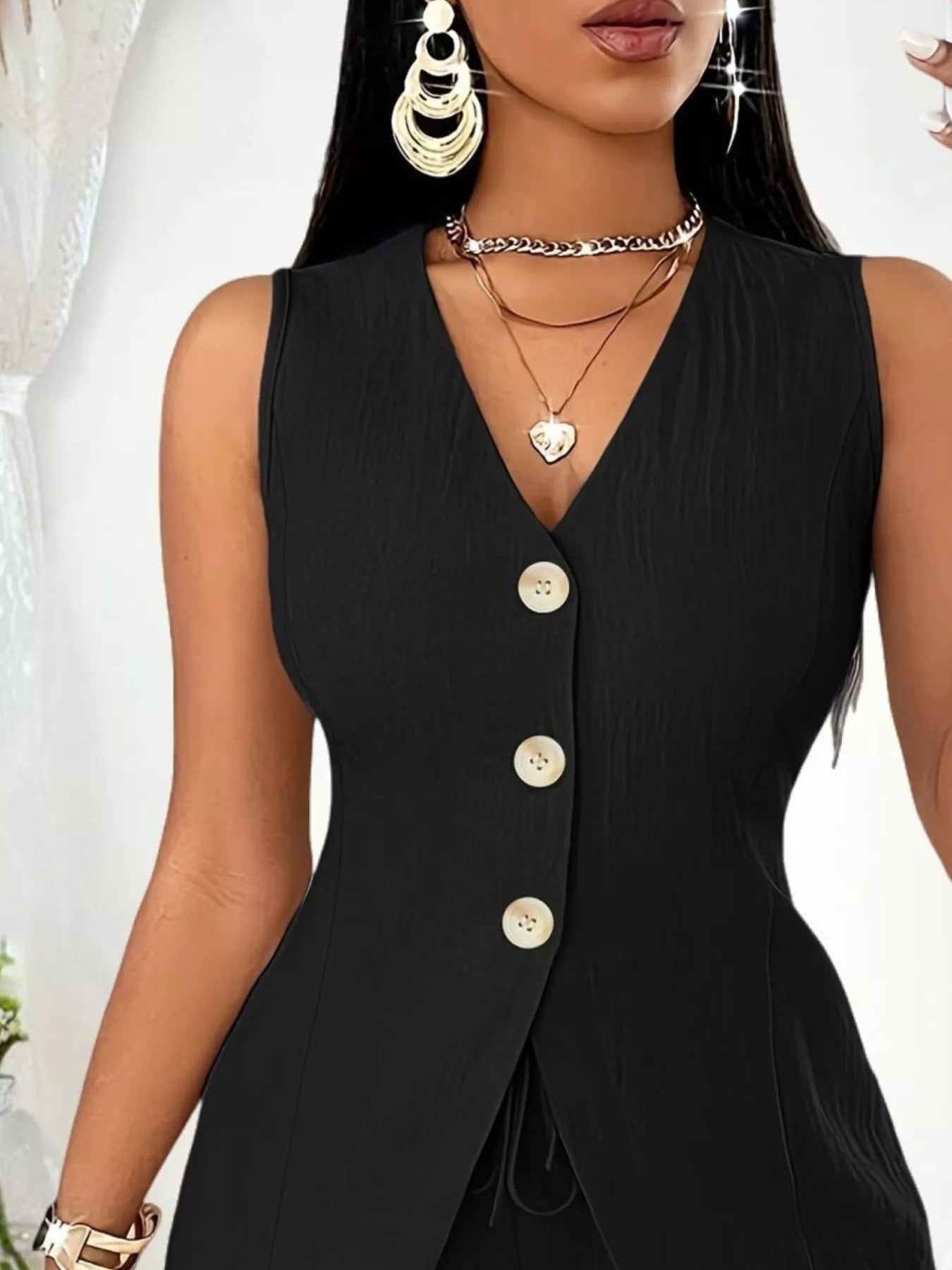 Sleeveless Button-Down Vest & Shorts Set - Godess beauty 