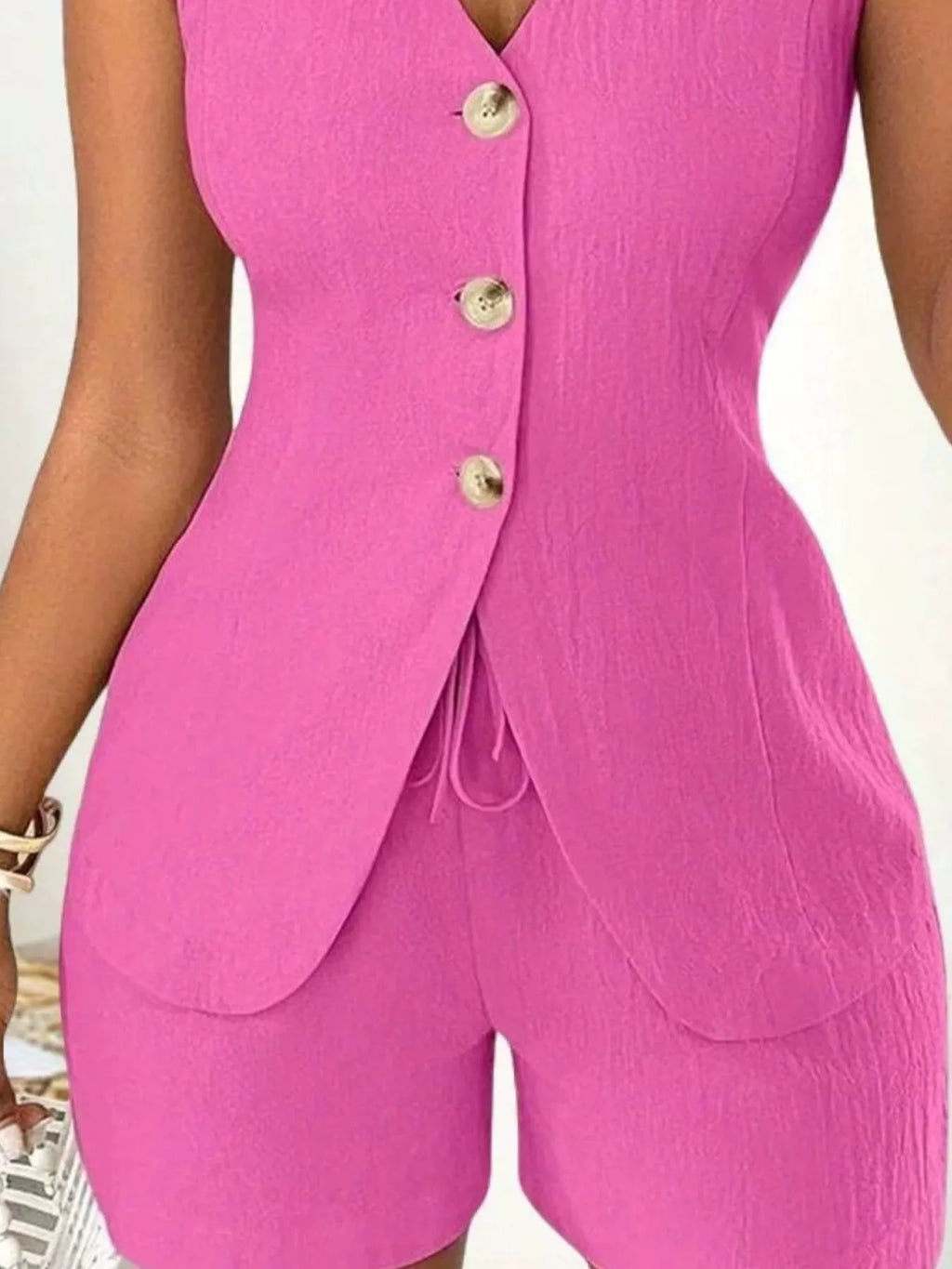 Sleeveless Button-Down Vest & Shorts Set - Godess beauty 