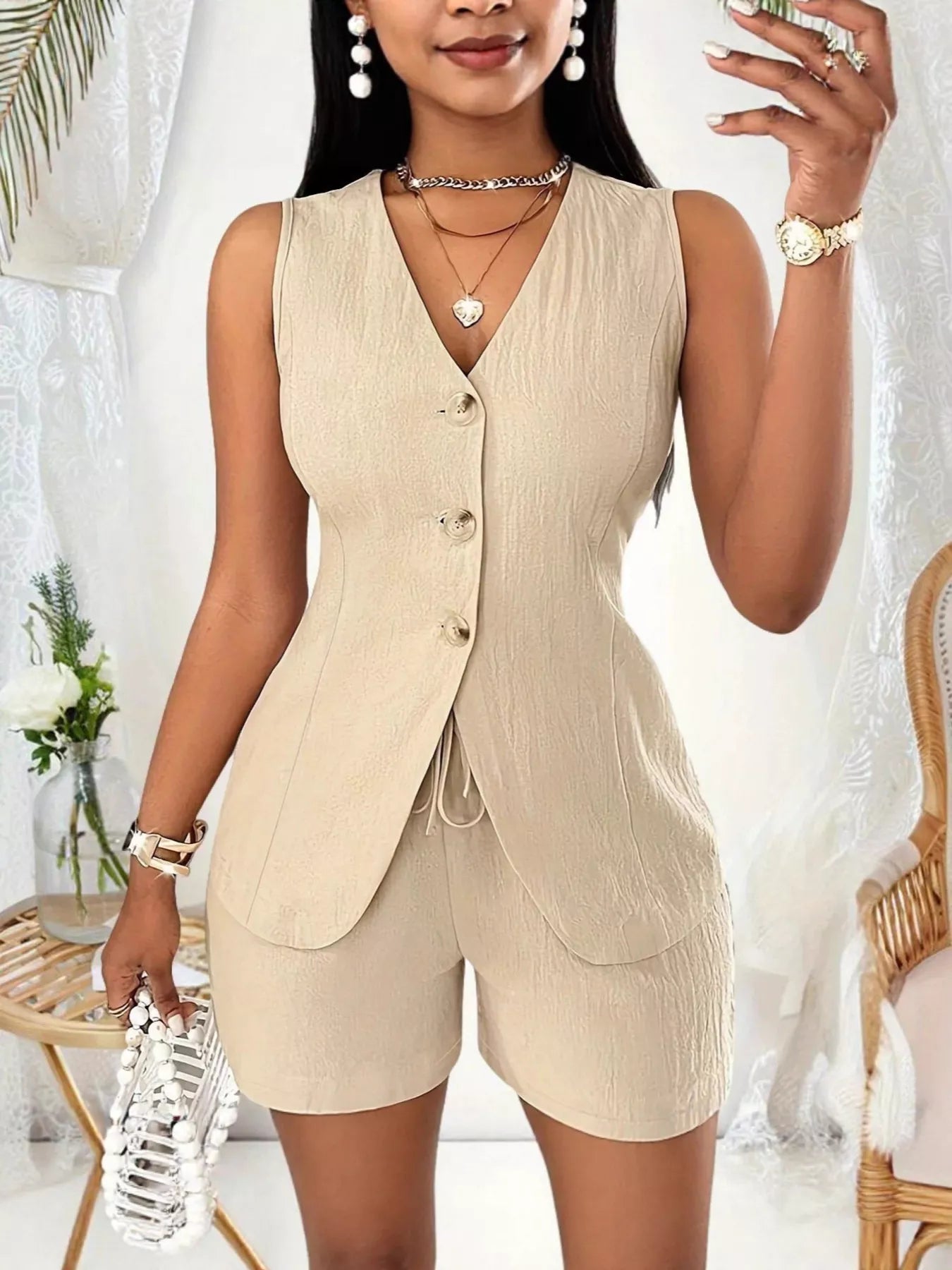 Sleeveless Button-Down Vest & Shorts Set - Godess beauty 