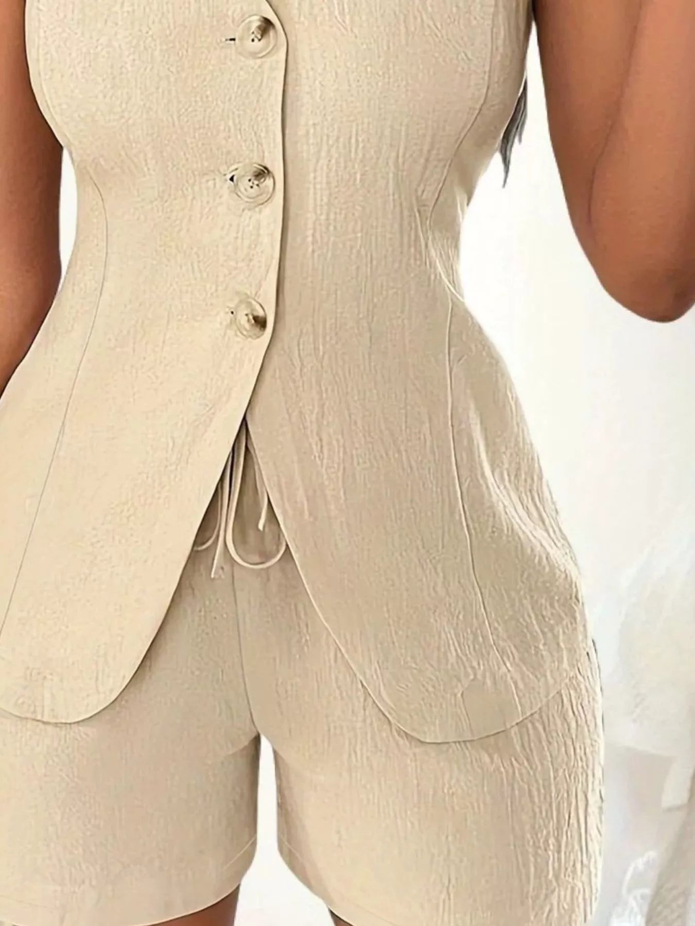 Sleeveless Button-Down Vest & Shorts Set - Godess beauty 