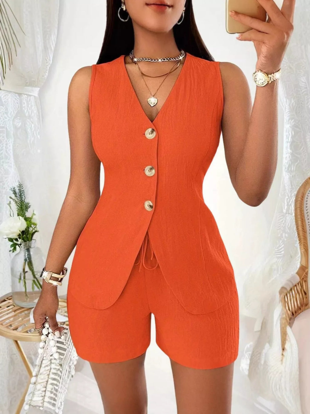 Sleeveless Button-Down Vest & Shorts Set - Godess beauty 