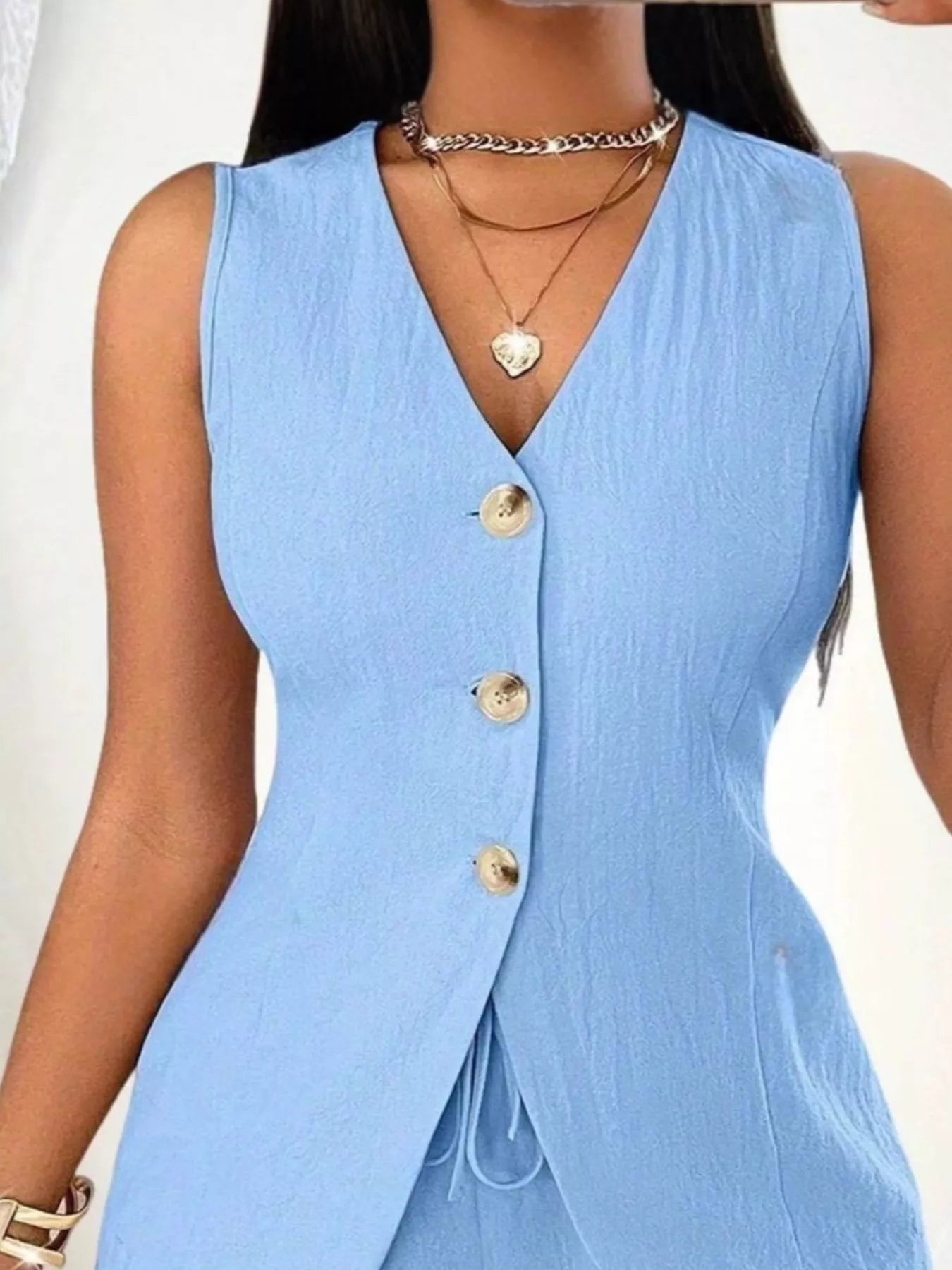 Sleeveless Button-Down Vest & Shorts Set - Godess beauty 