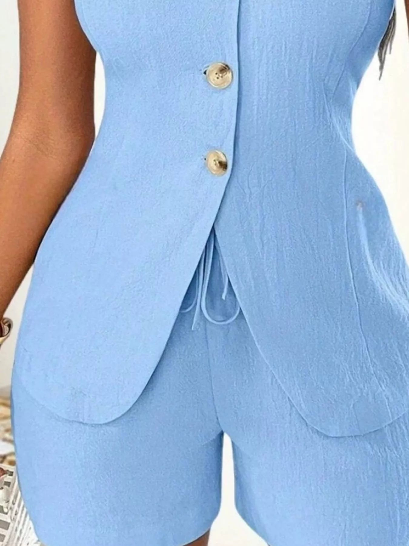 Sleeveless Button-Down Vest & Shorts Set - Godess beauty 