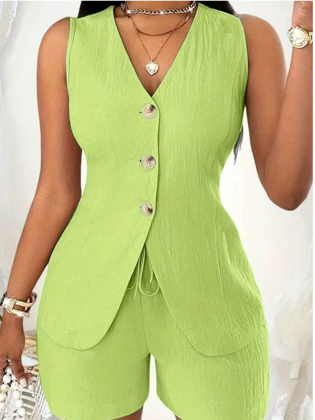 Sleeveless Button-Down Vest & Shorts Set - Godess beauty 