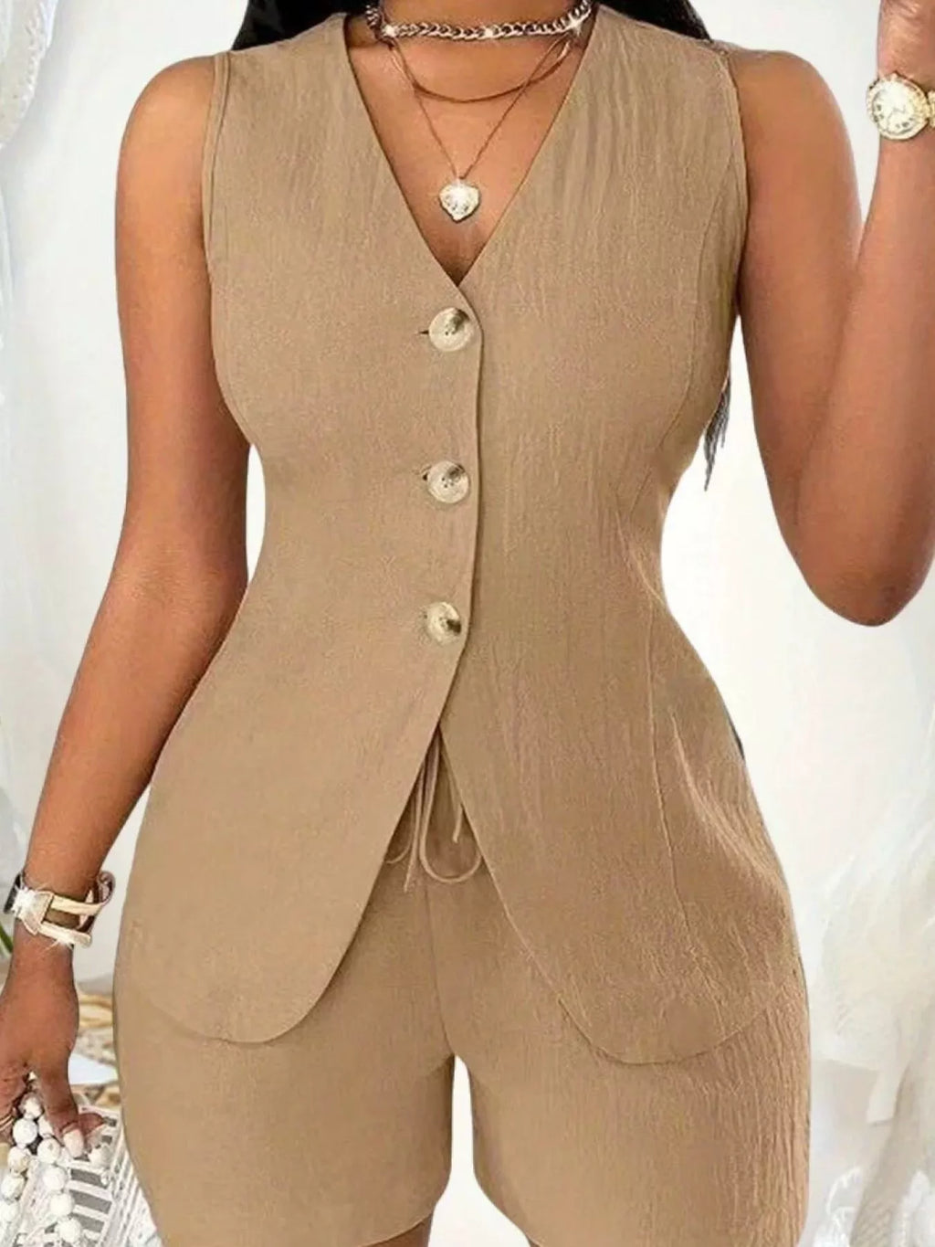 Sleeveless Button-Down Vest & Shorts Set - Godess beauty 