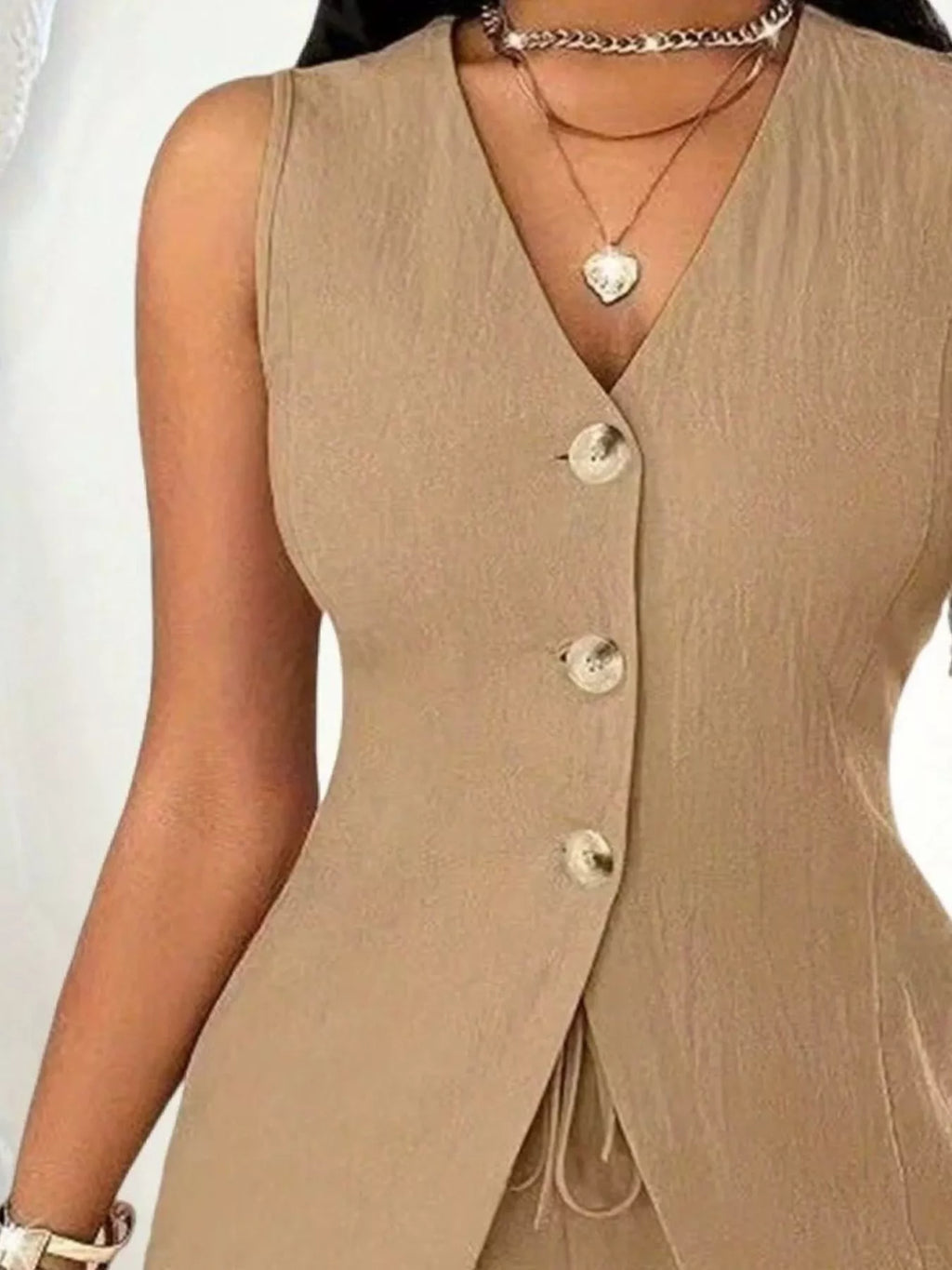 Sleeveless Button-Down Vest & Shorts Set - Godess beauty 