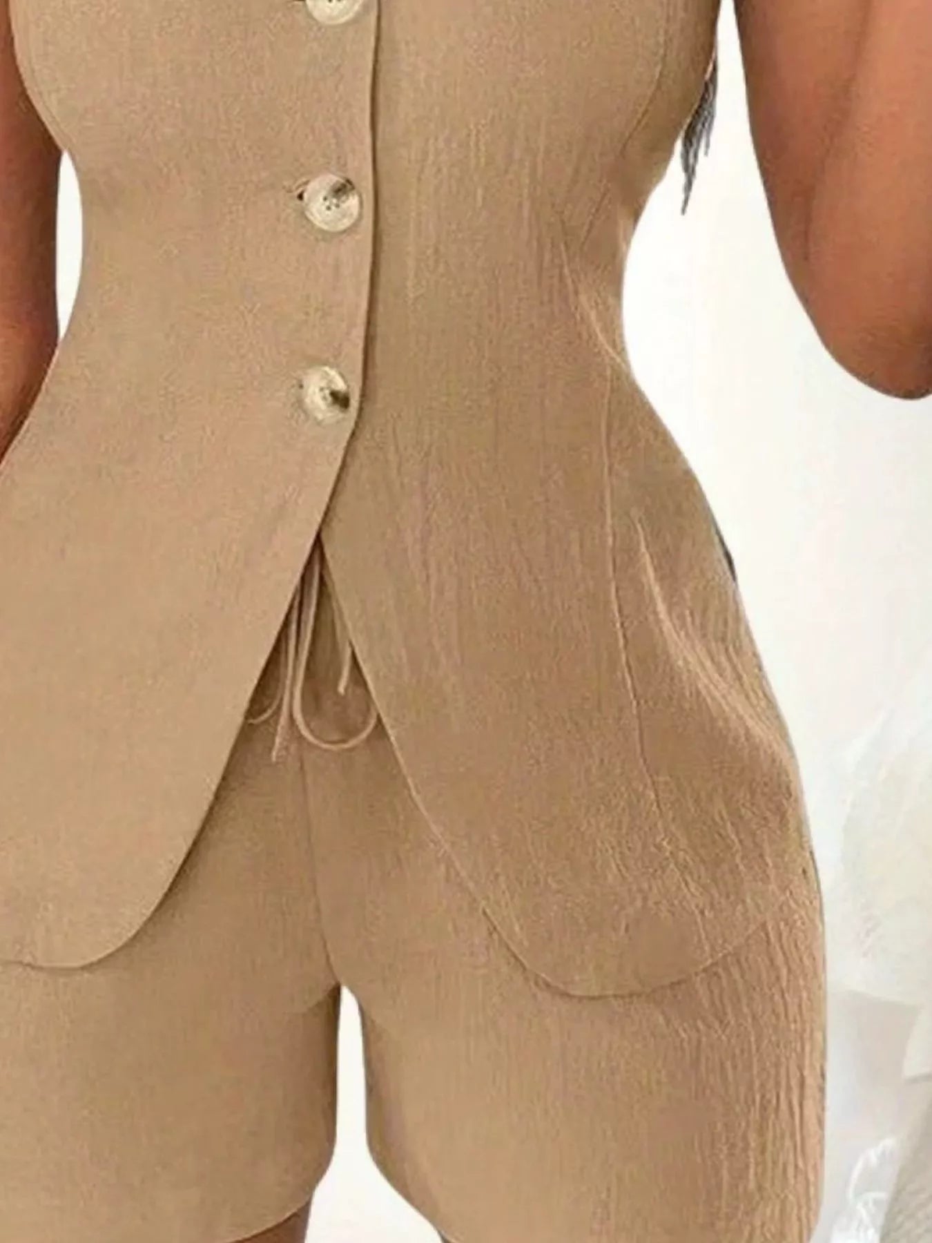 Sleeveless Button-Down Vest & Shorts Set - Godess beauty 