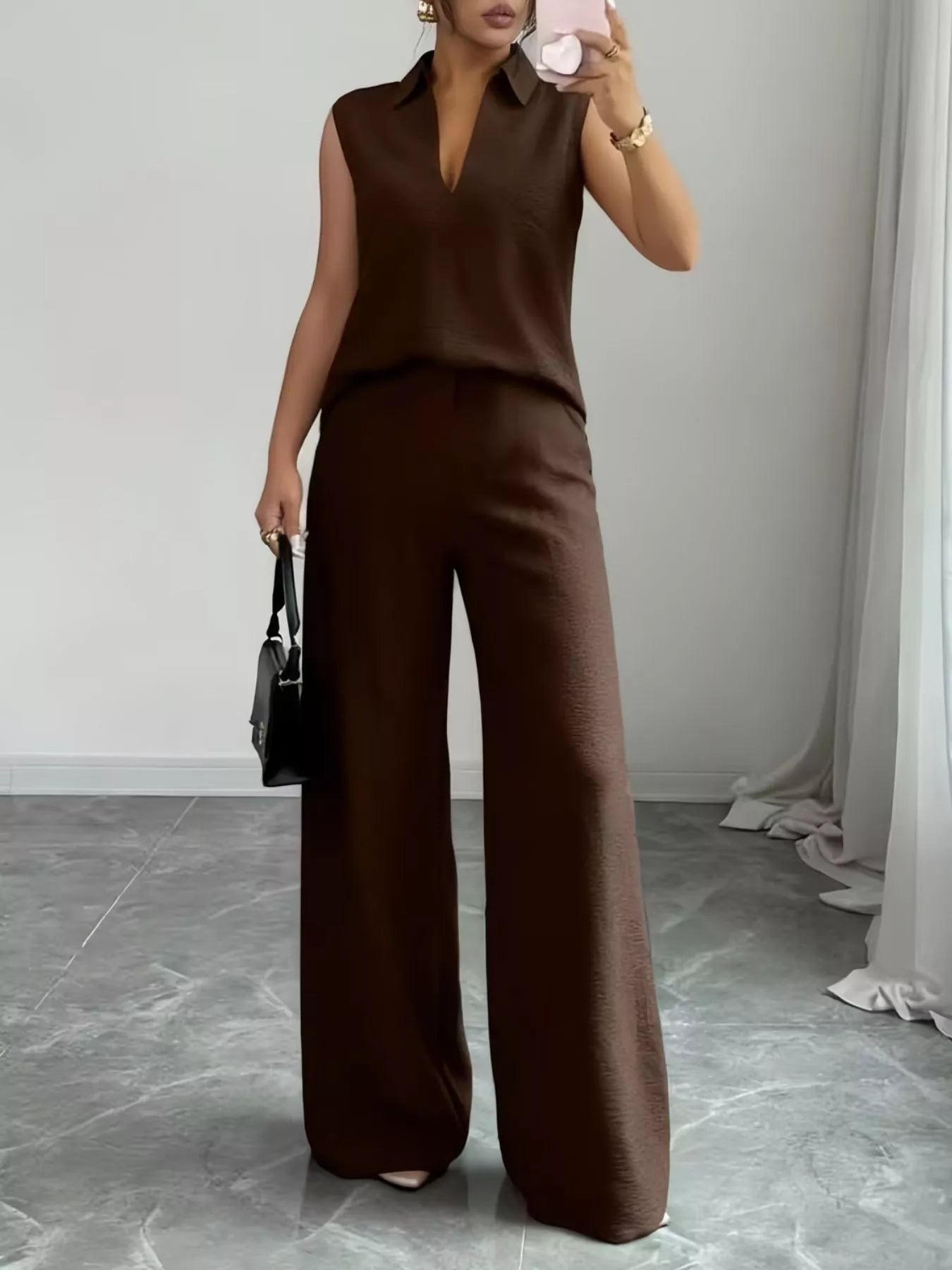 Sleeveless Top and Wide Leg Pants Set - Godess beauty 