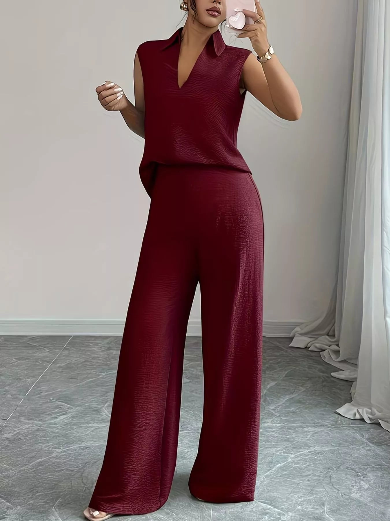 Sleeveless Top and Wide Leg Pants Set - Godess beauty 
