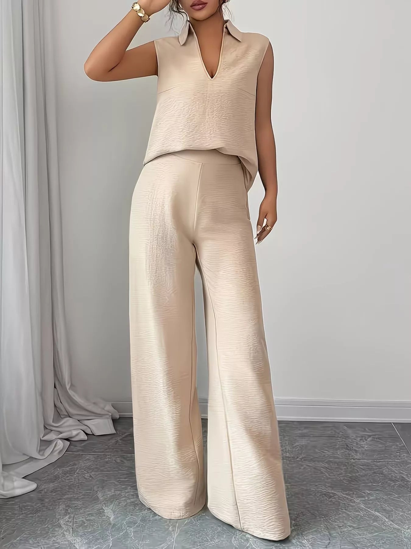 Sleeveless Top and Wide Leg Pants Set - Godess beauty 