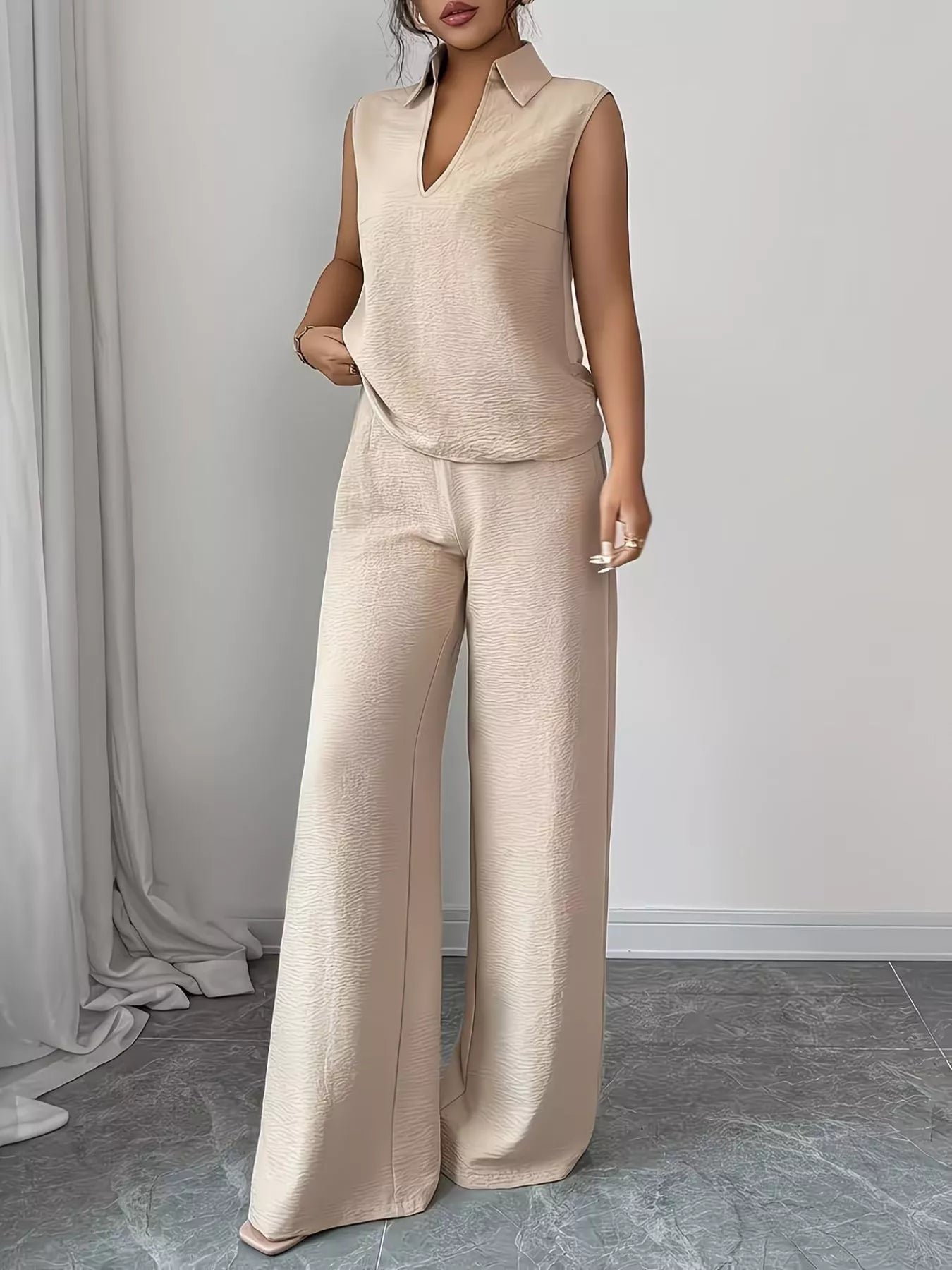 Sleeveless Top and Wide Leg Pants Set - Godess beauty 