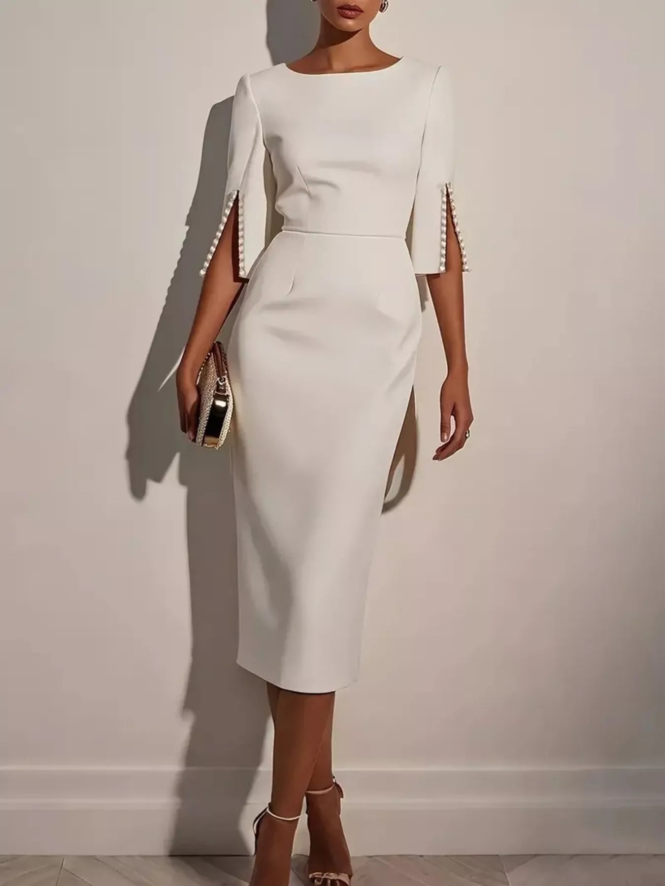 Slim-Fit Elegant Midi Dress with Beaded Slit Sleeve - Godess beauty 