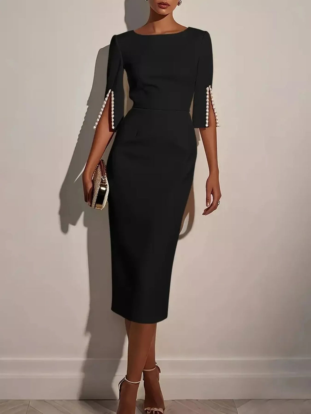 Slim-Fit Elegant Midi Dress with Beaded Slit Sleeve - Godess beauty 