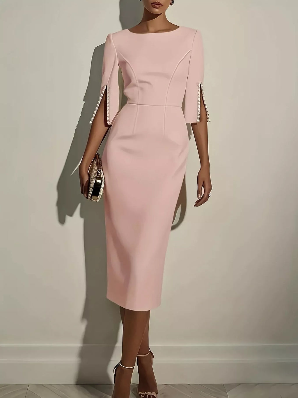 Slim-Fit Elegant Midi Dress with Beaded Slit Sleeve - Godess beauty 