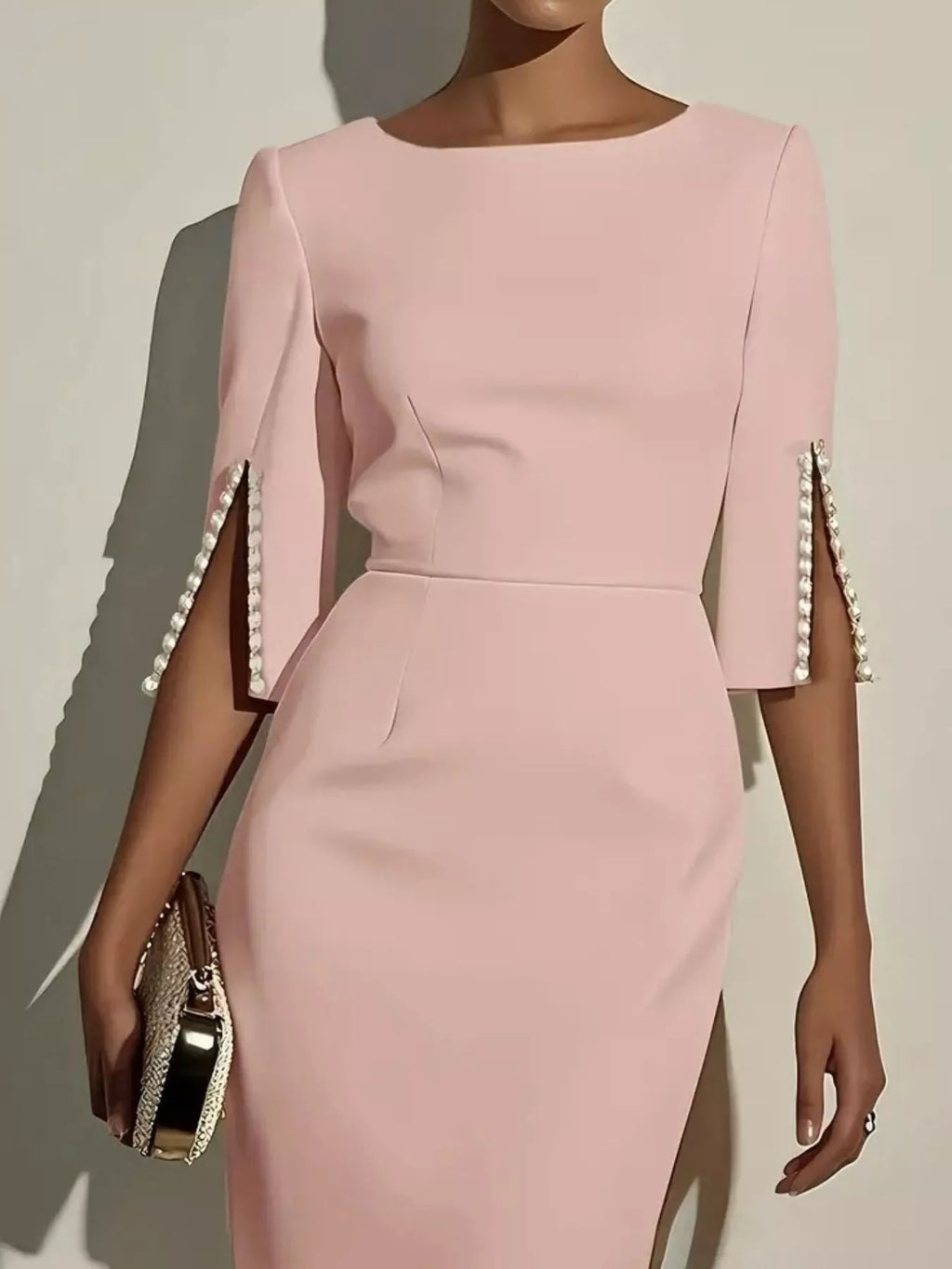 Slim-Fit Elegant Midi Dress with Beaded Slit Sleeve - Godess beauty 