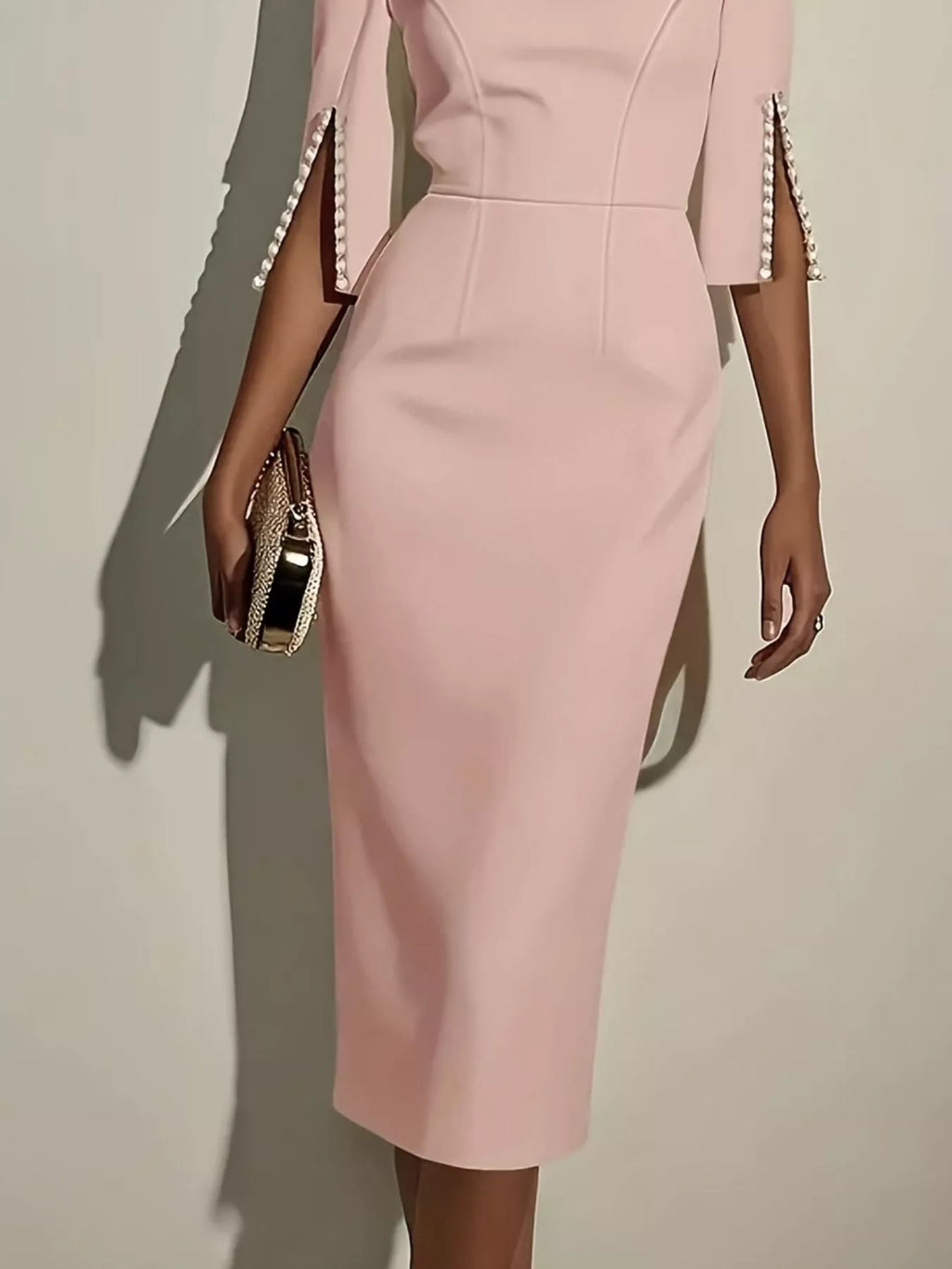Slim-Fit Elegant Midi Dress with Beaded Slit Sleeve - Godess beauty 