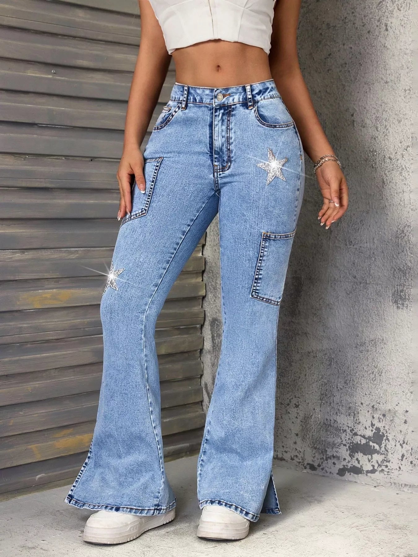 Slit Star Flare Leg Jeans - Godess beauty 