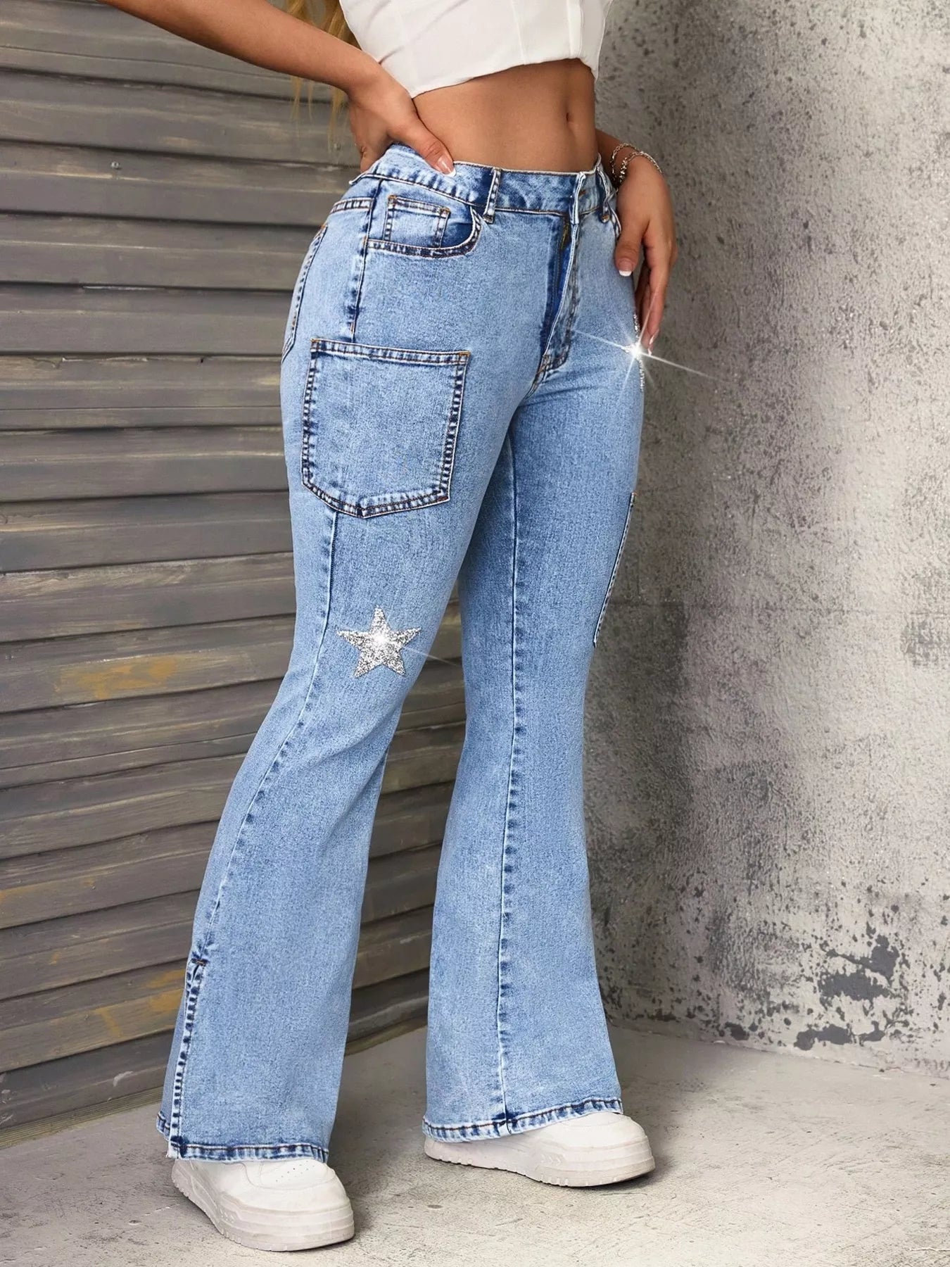 Slit Star Flare Leg Jeans - Godess beauty 