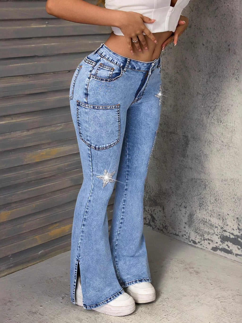 Slit Star Flare Leg Jeans - Godess beauty 