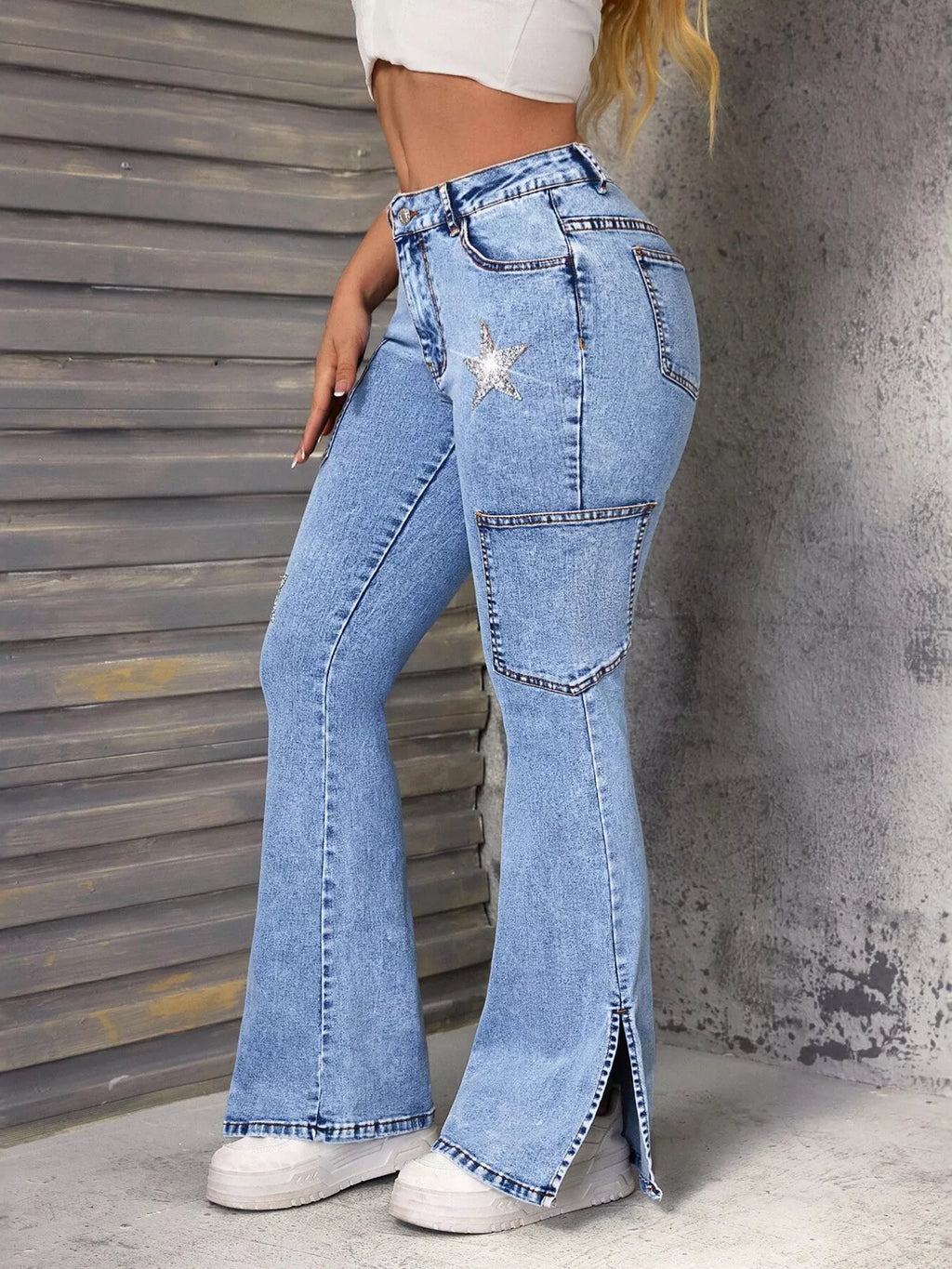 Slit Star Flare Leg Jeans - Godess beauty 