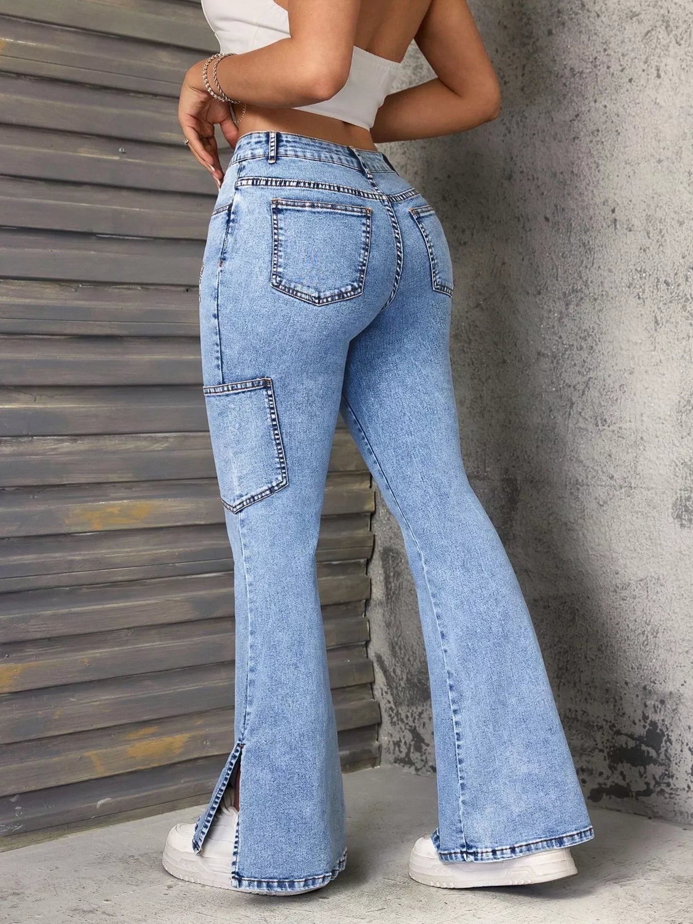 Slit Star Flare Leg Jeans - Godess beauty 