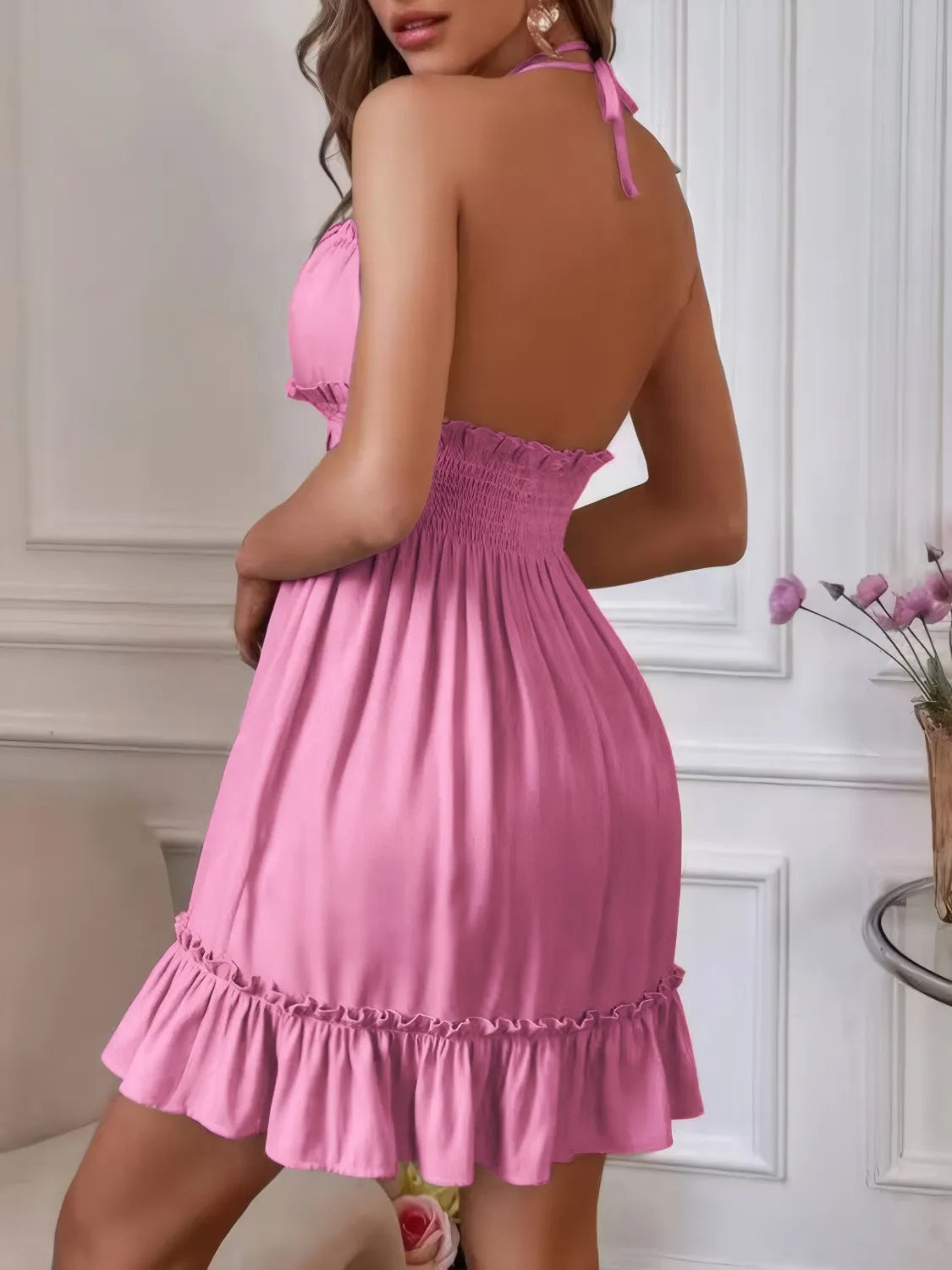 Smocked Halter Neck Mini Dress - Godess beauty 