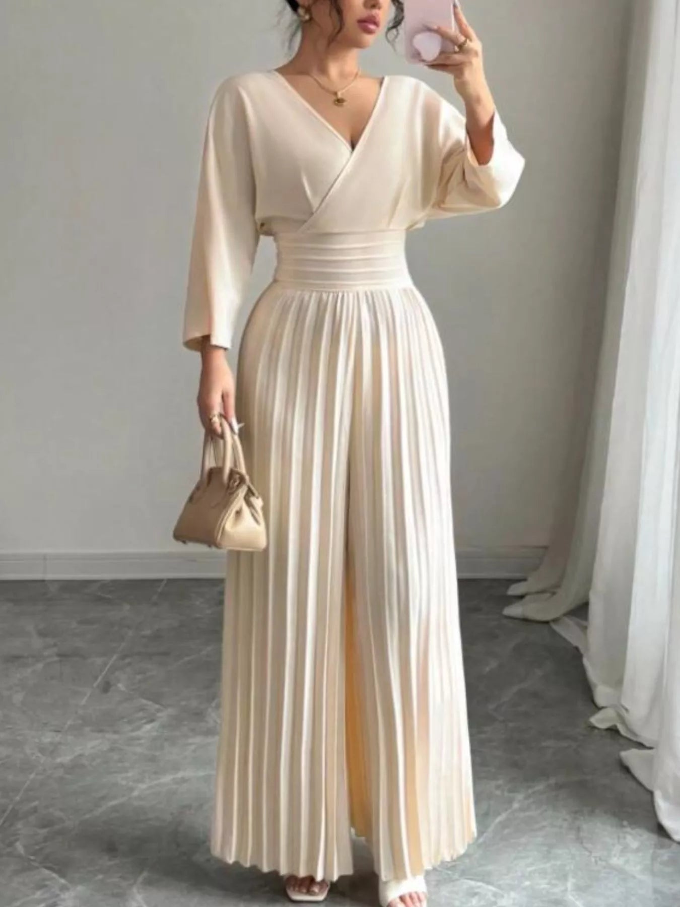 Surplice Pleated Wide Leg Jumpsuit - Godess beauty 