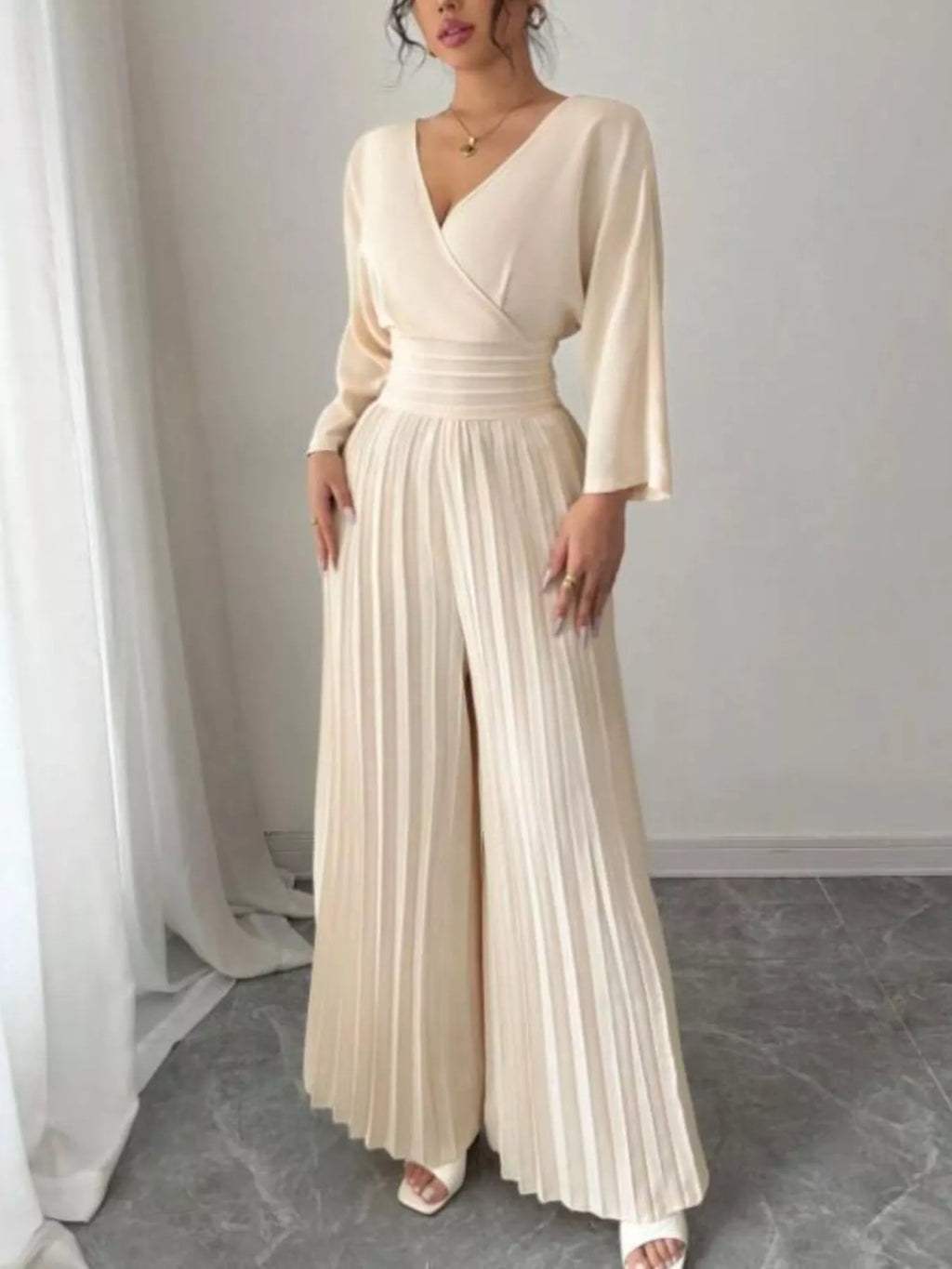 Surplice Pleated Wide Leg Jumpsuit - Godess beauty 