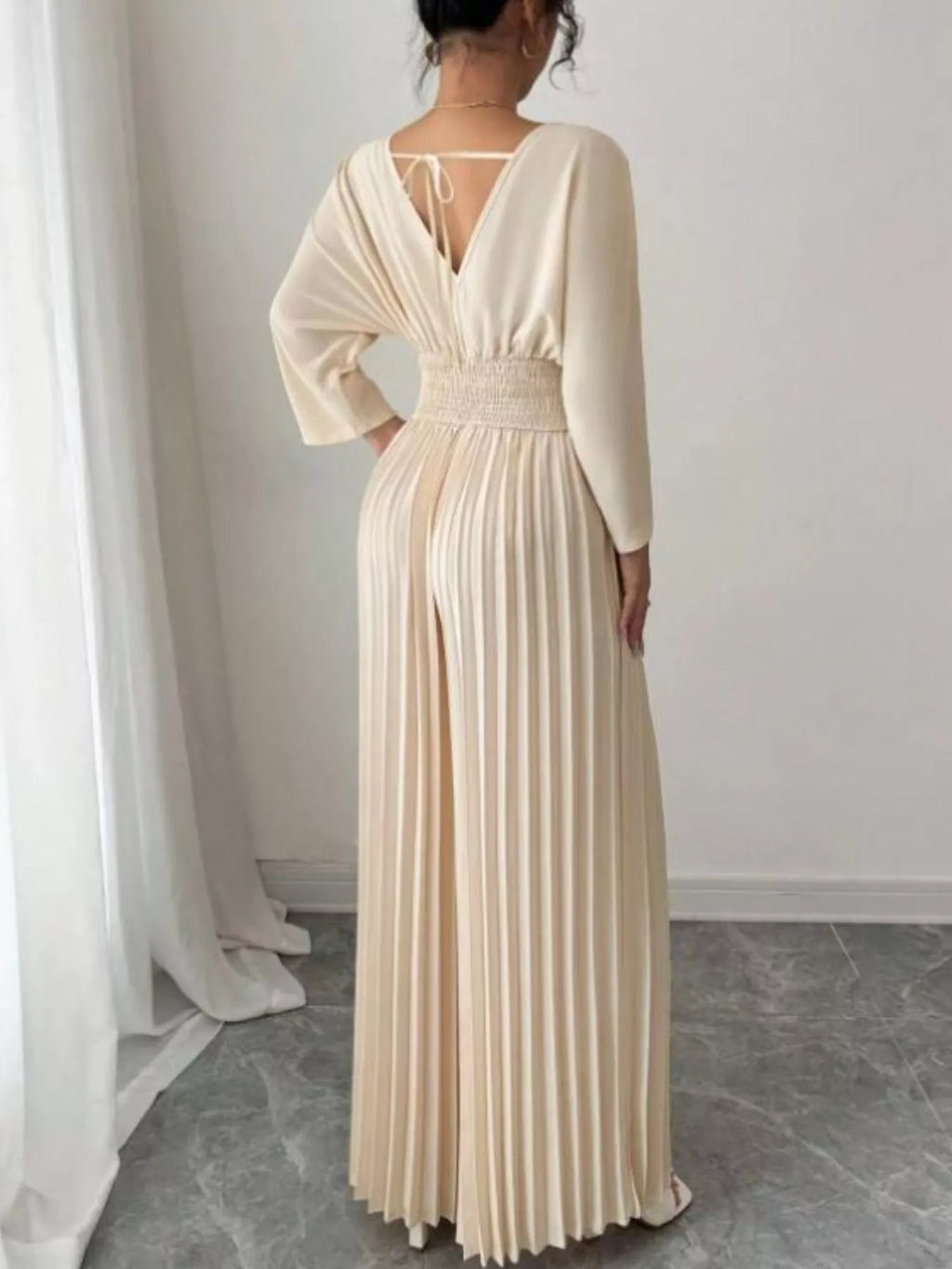 Surplice Pleated Wide Leg Jumpsuit - Godess beauty 