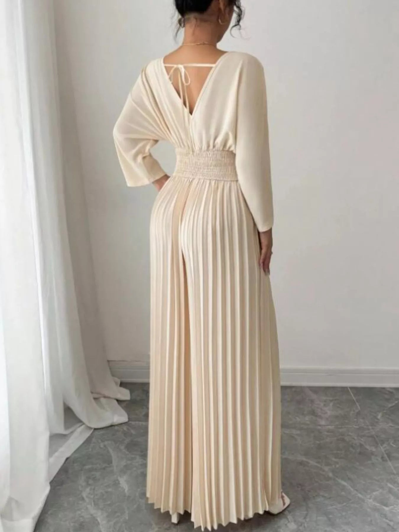 Surplice Pleated Wide Leg Jumpsuit - Godess beauty 