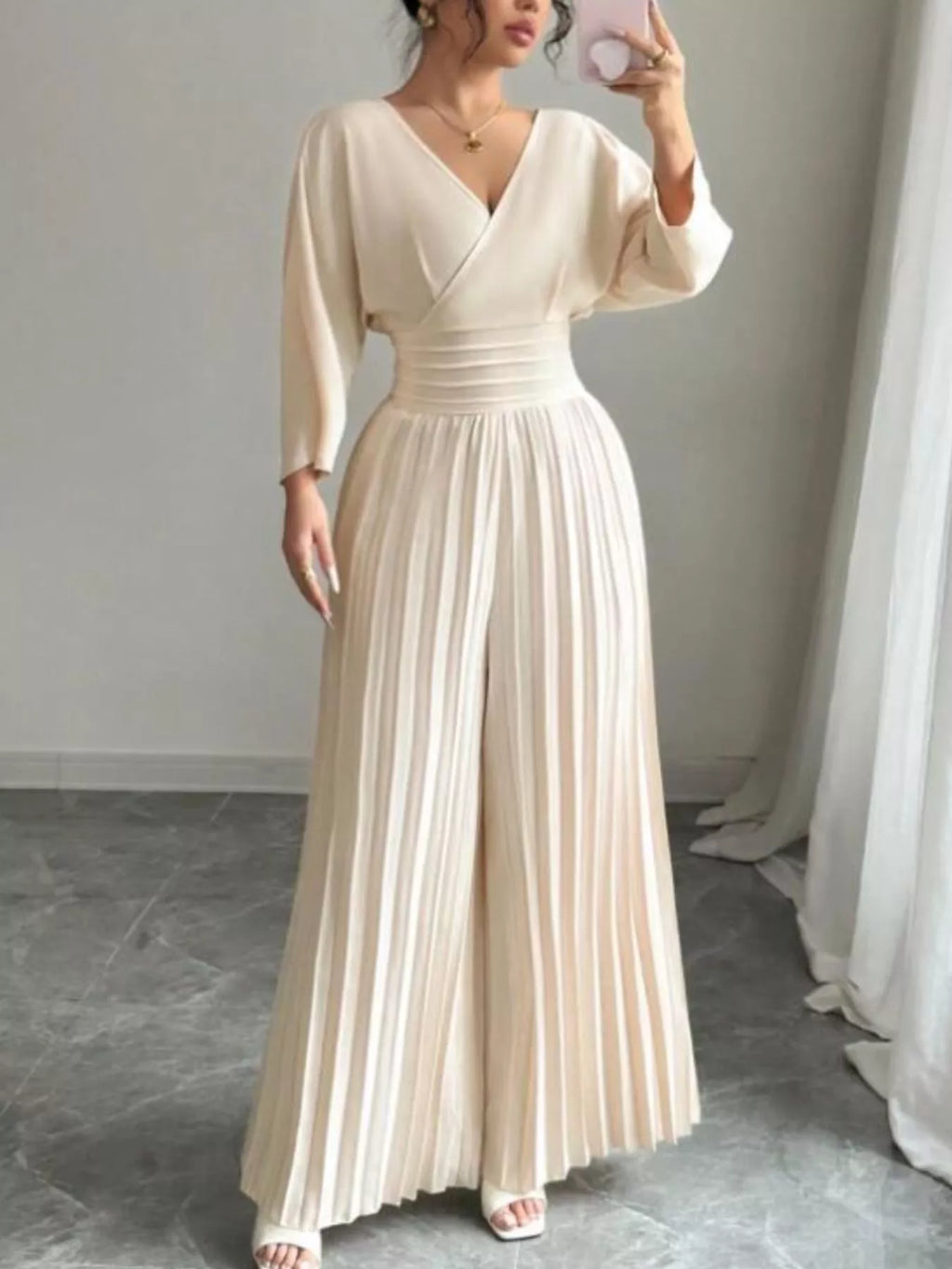 Surplice Pleated Wide Leg Jumpsuit - Godess beauty 