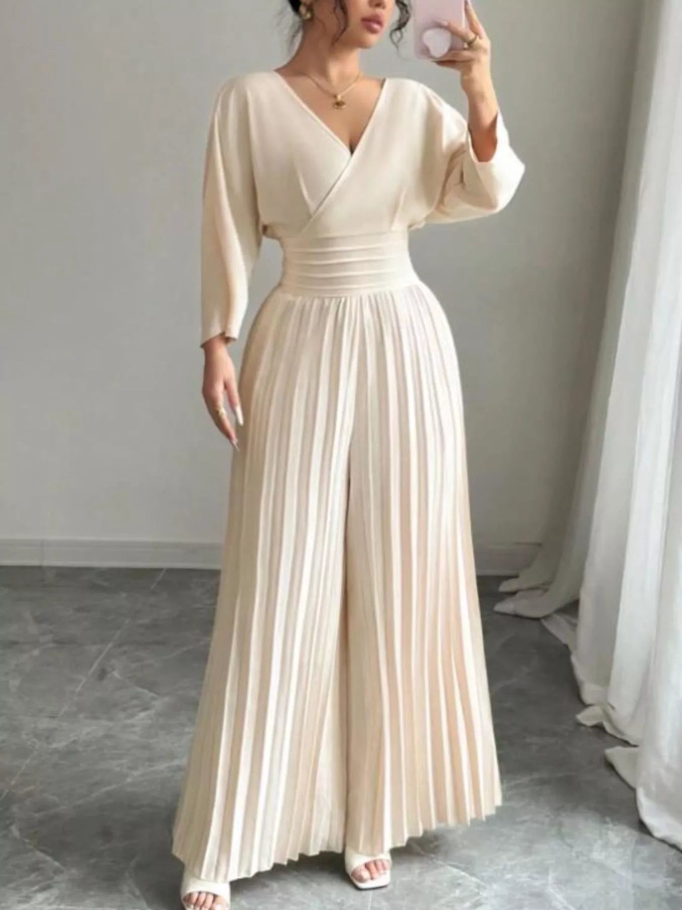 Surplice Pleated Wide Leg Jumpsuit - Godess beauty 