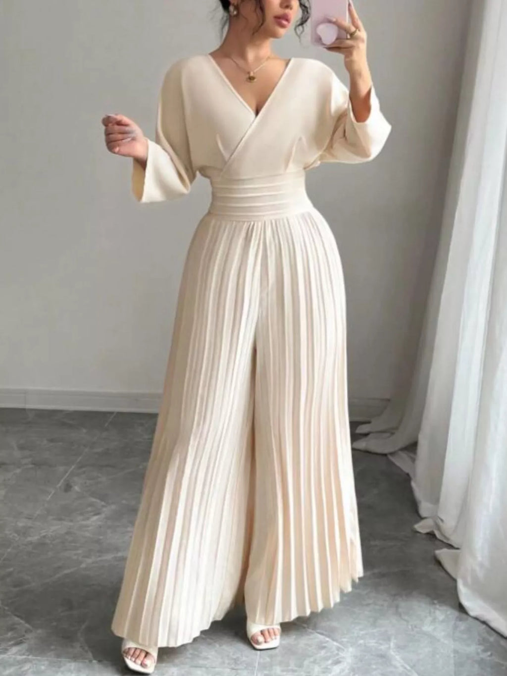 Surplice Pleated Wide Leg Jumpsuit - Godess beauty 