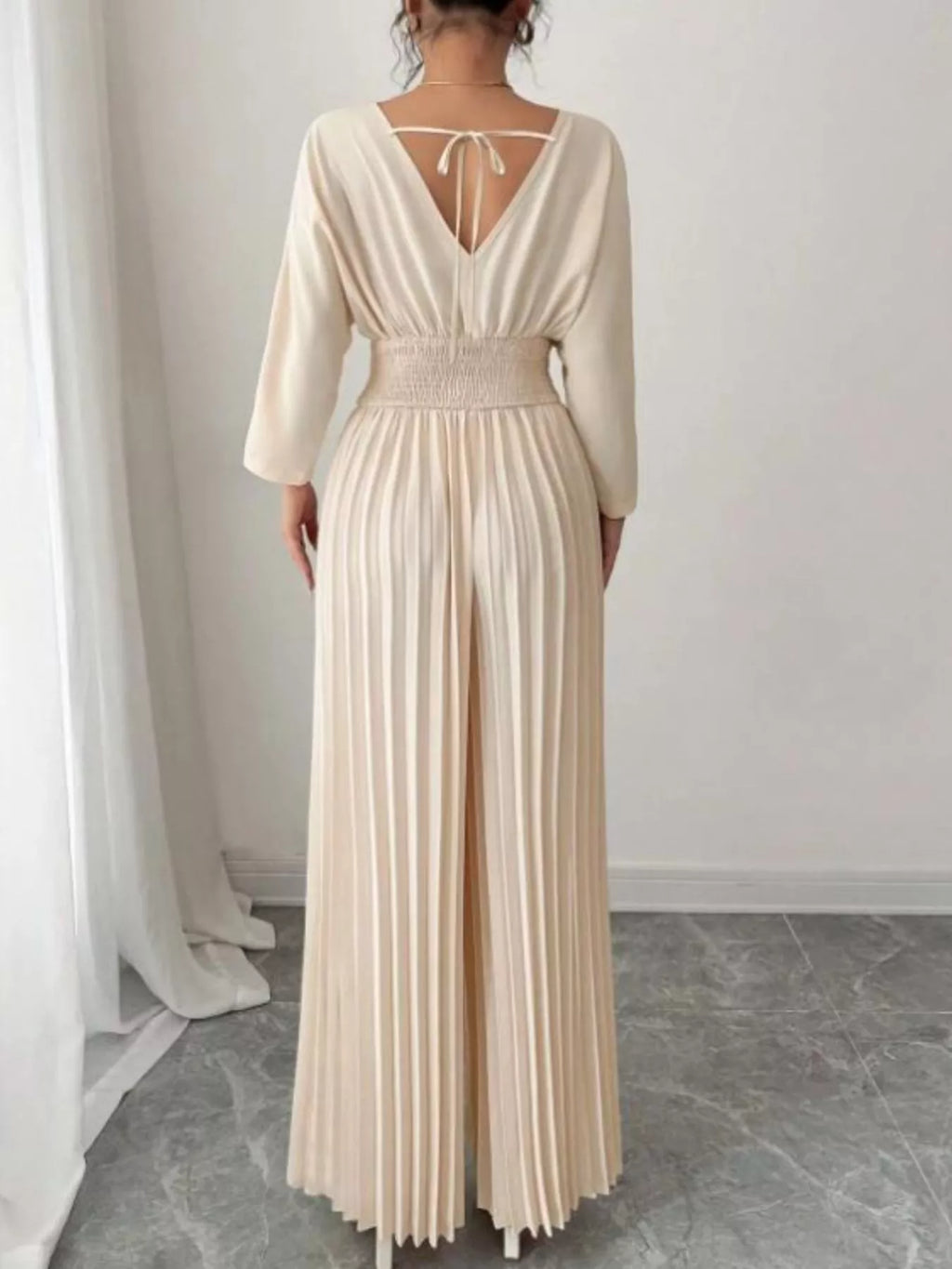 Surplice Pleated Wide Leg Jumpsuit - Godess beauty 