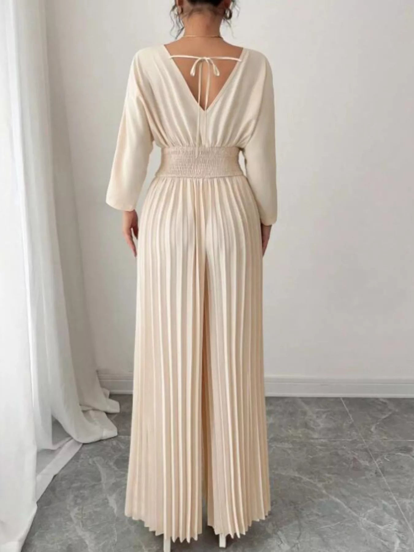Surplice Pleated Wide Leg Jumpsuit - Godess beauty 