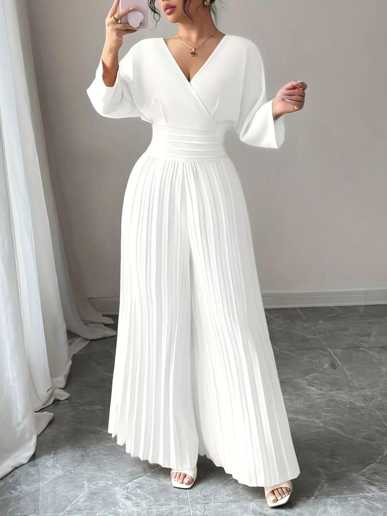Surplice Pleated Wide Leg Jumpsuit - Godess beauty 