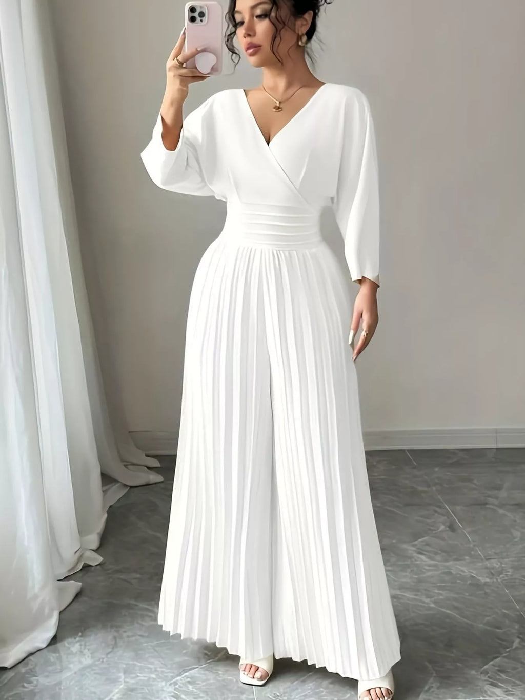 Surplice Pleated Wide Leg Jumpsuit - Godess beauty 