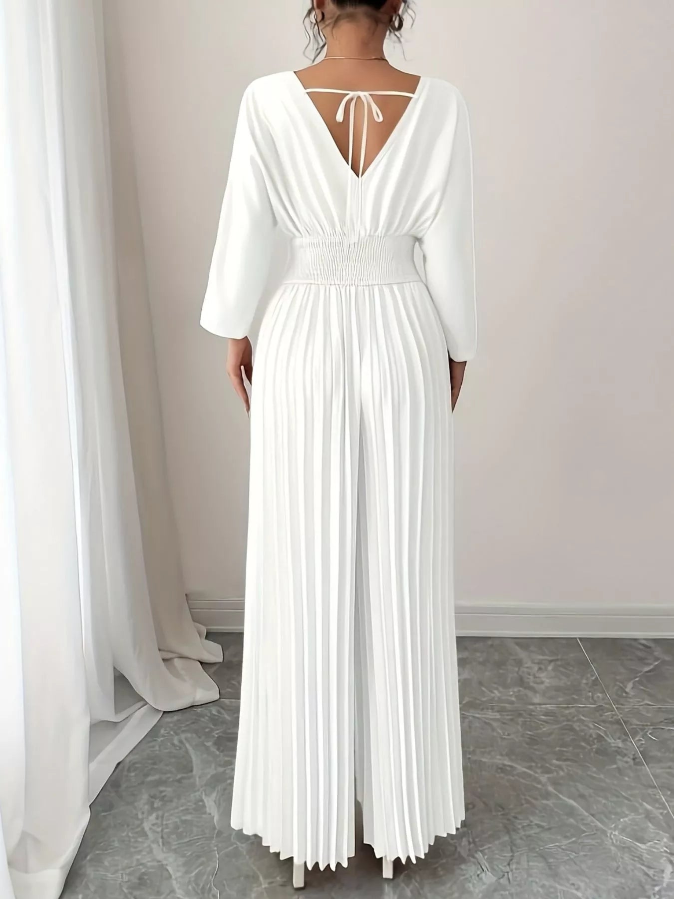 Surplice Pleated Wide Leg Jumpsuit - Godess beauty 
