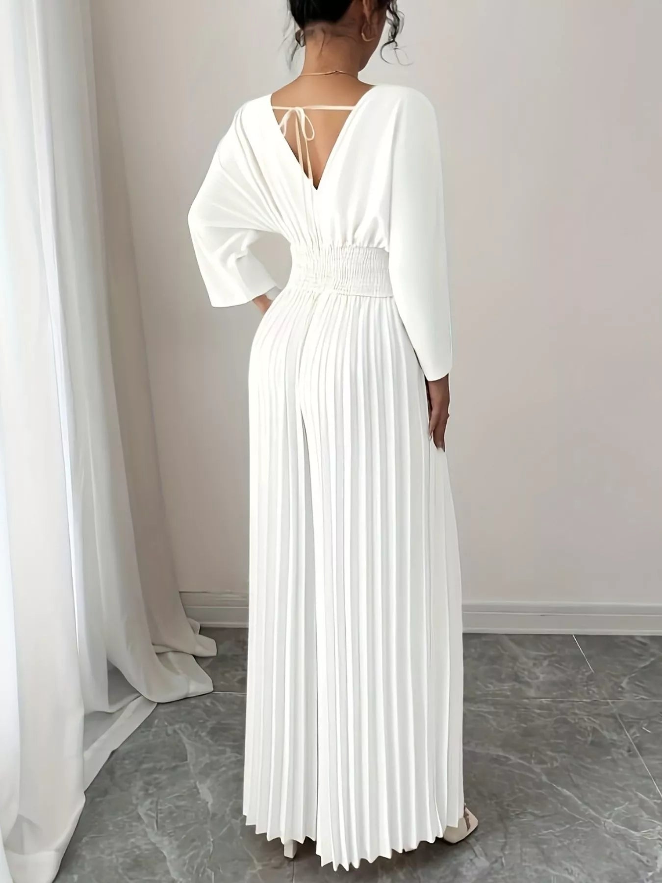 Surplice Pleated Wide Leg Jumpsuit - Godess beauty 