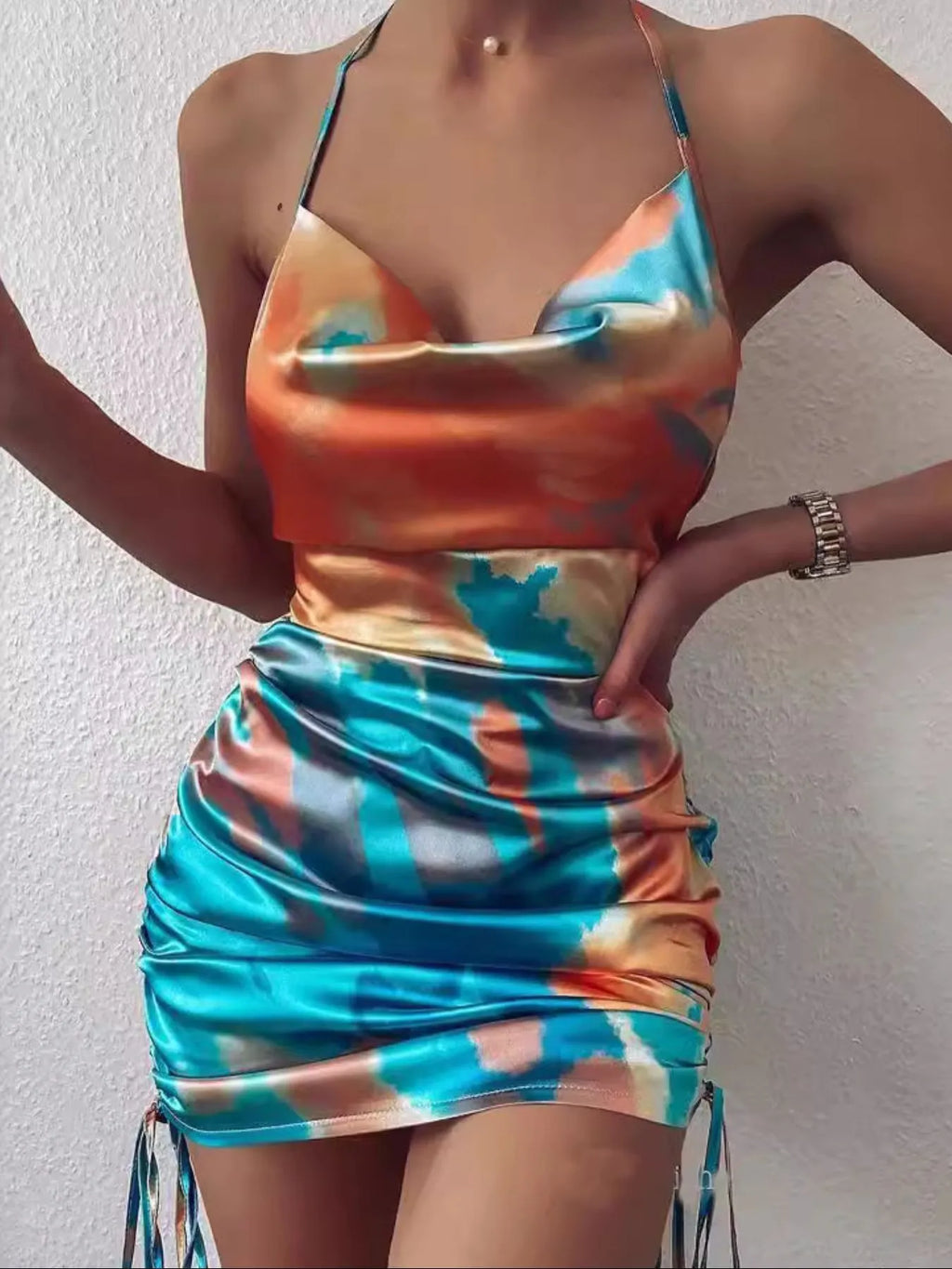 Tie-Dye Halter Ruched Mini Dress with Side Drawstring - Godess beauty 