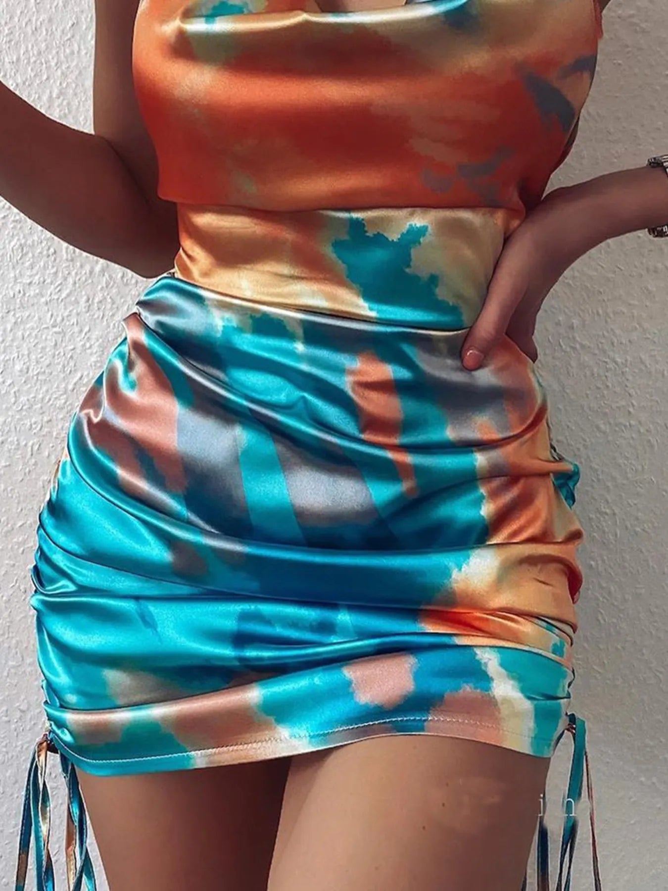 Tie-Dye Halter Ruched Mini Dress with Side Drawstring - Godess beauty 