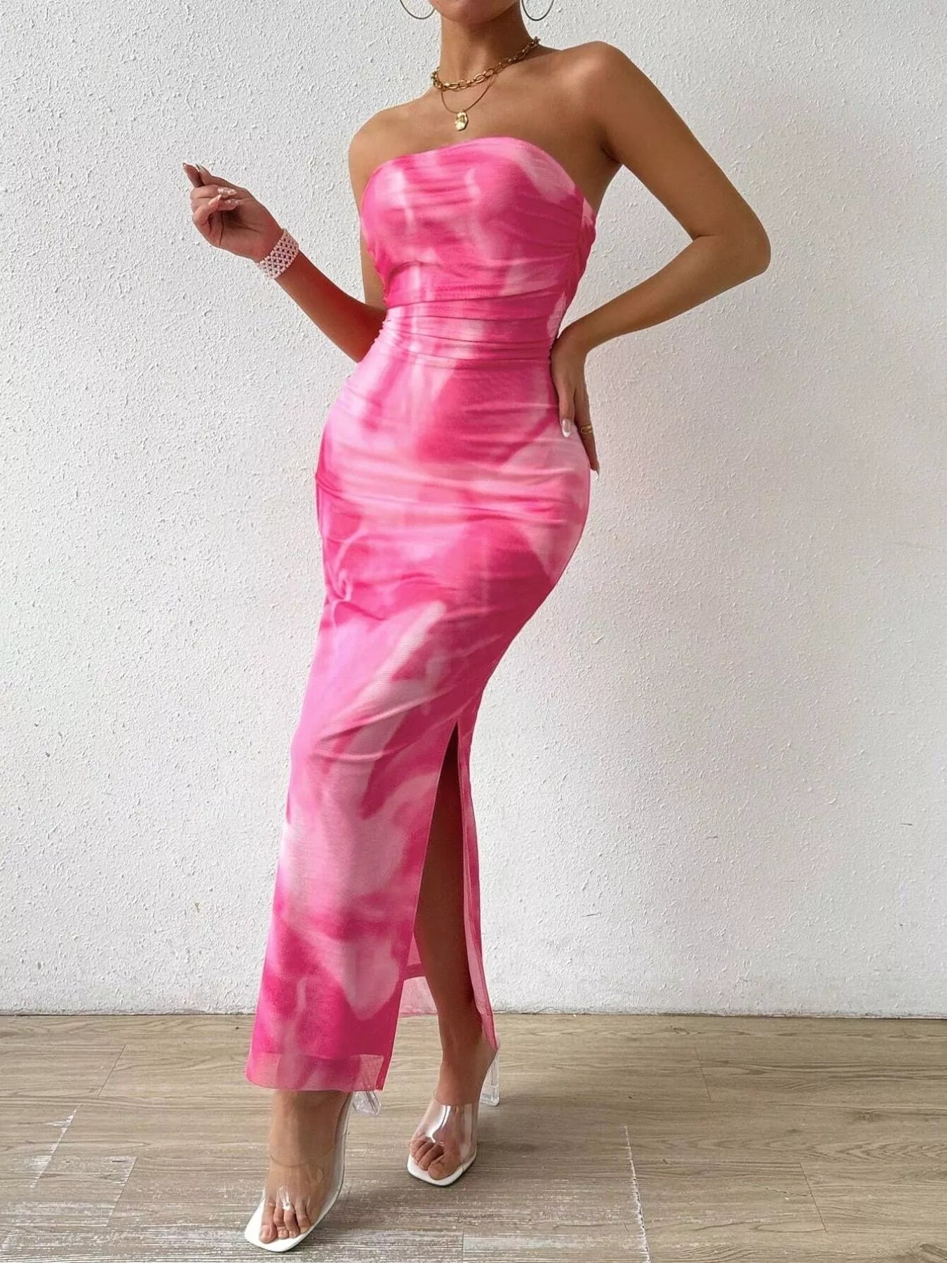 Tie-Dye Ruched Bodycon Tube Slit Dress - Godess beauty 