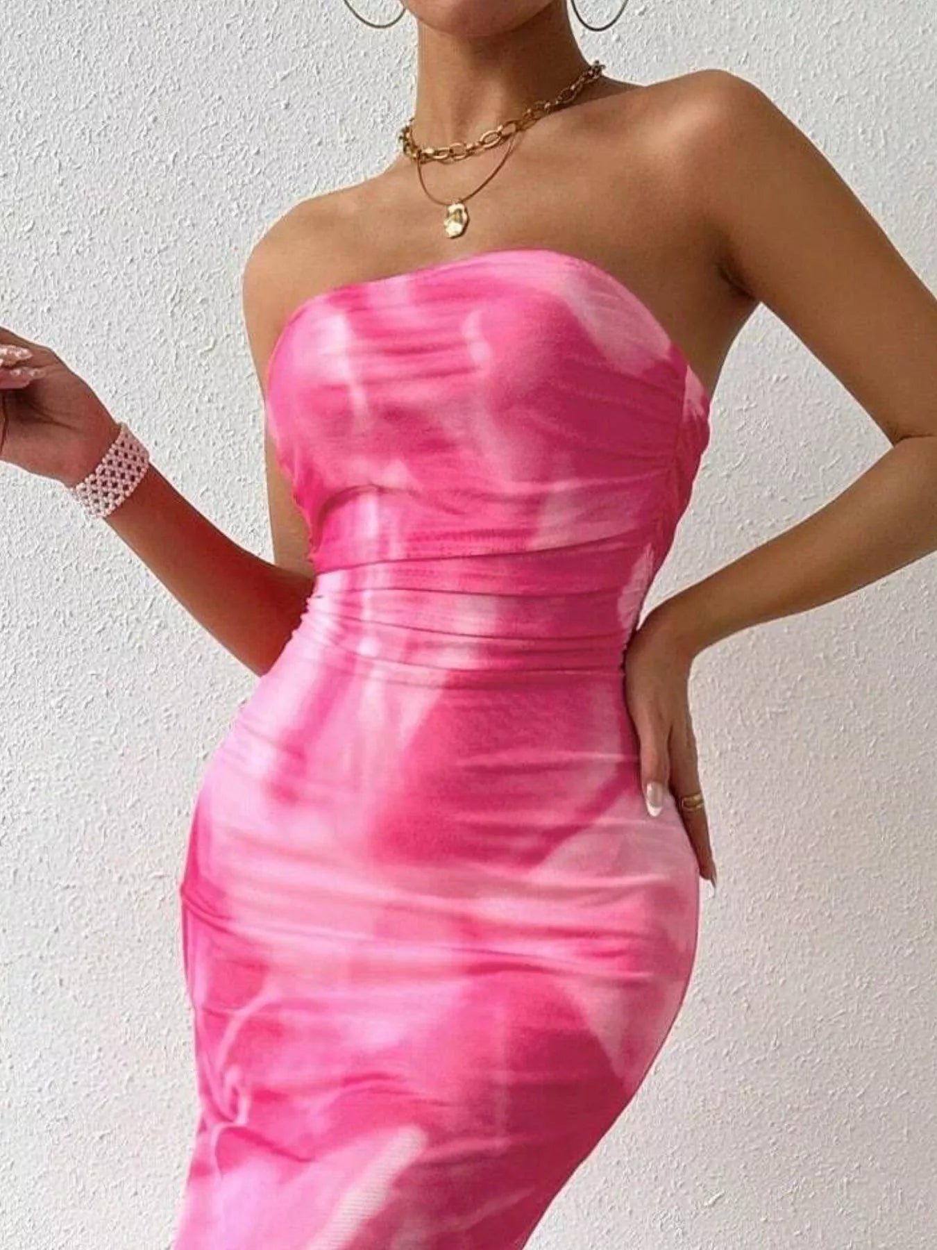 Tie-Dye Ruched Bodycon Tube Slit Dress - Godess beauty 