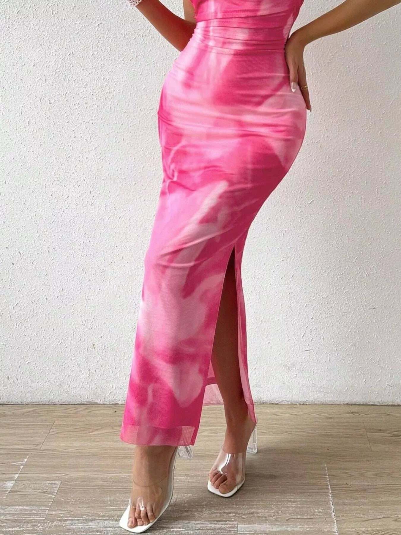 Tie-Dye Ruched Bodycon Tube Slit Dress - Godess beauty 
