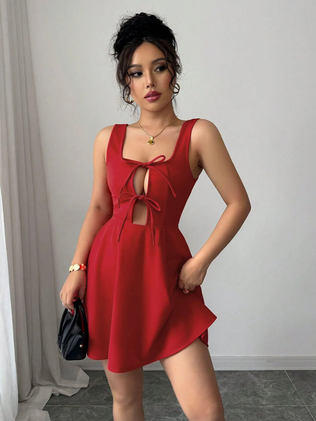 Tie Front Wide Strap Dress - Godess beauty 